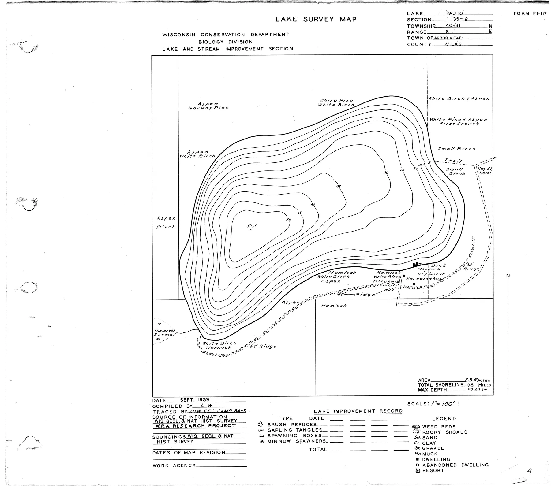 Pauto Lake historical Wisconsin DNR depth map sheet 1