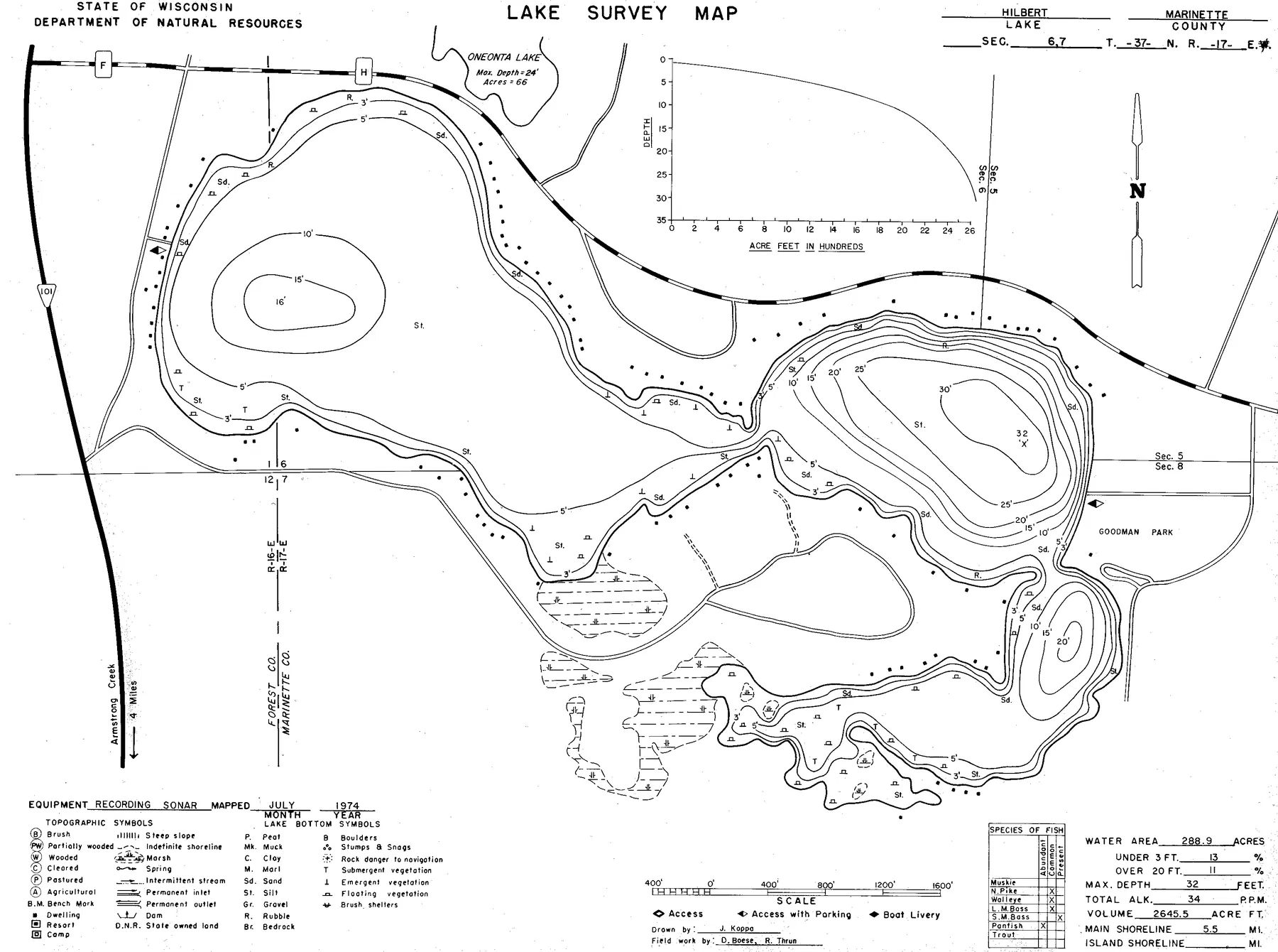 Hilbert Lake historical Wisconsin DNR depth map sheet 1