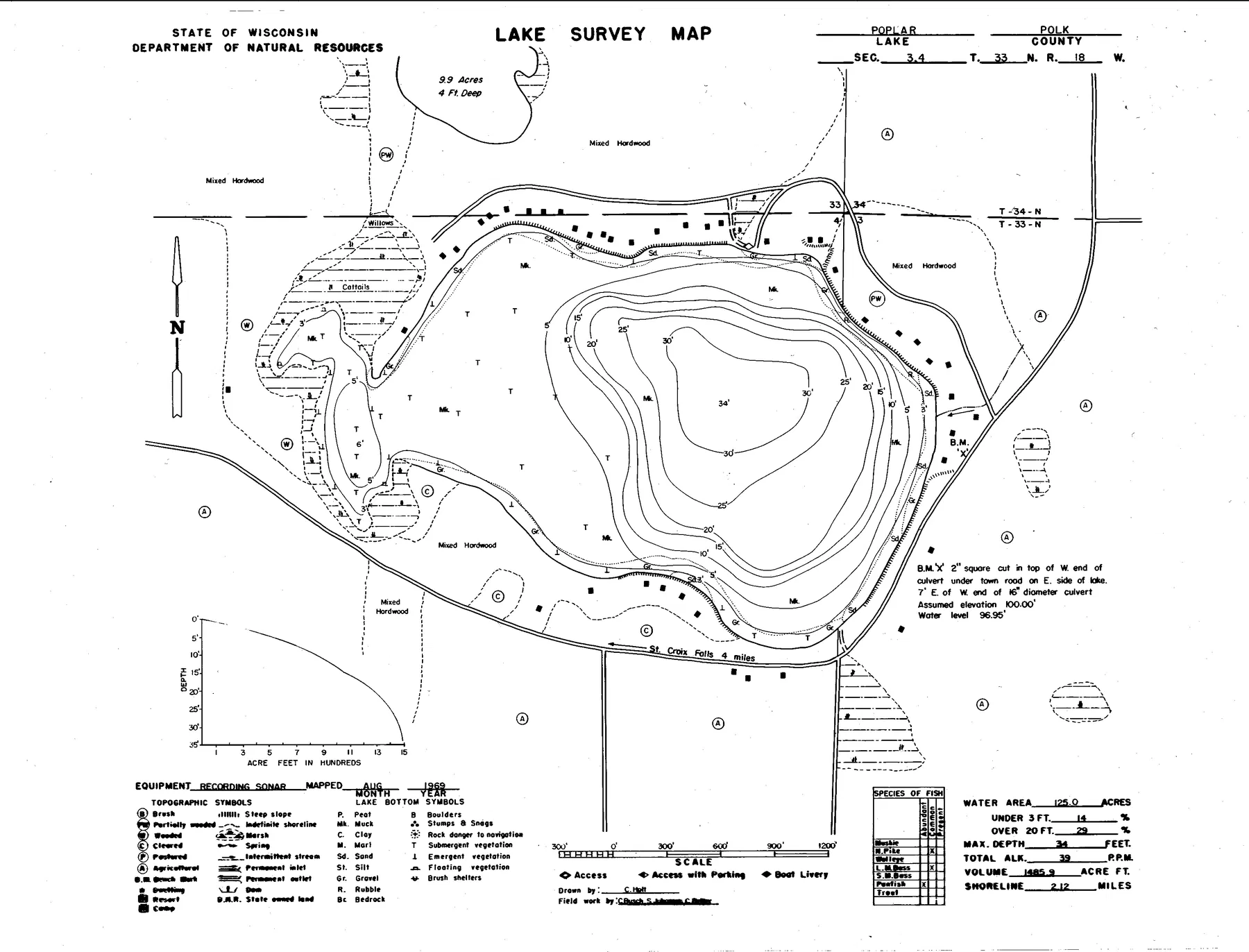 Poplar Lake historical Wisconsin DNR depth map sheet 1
