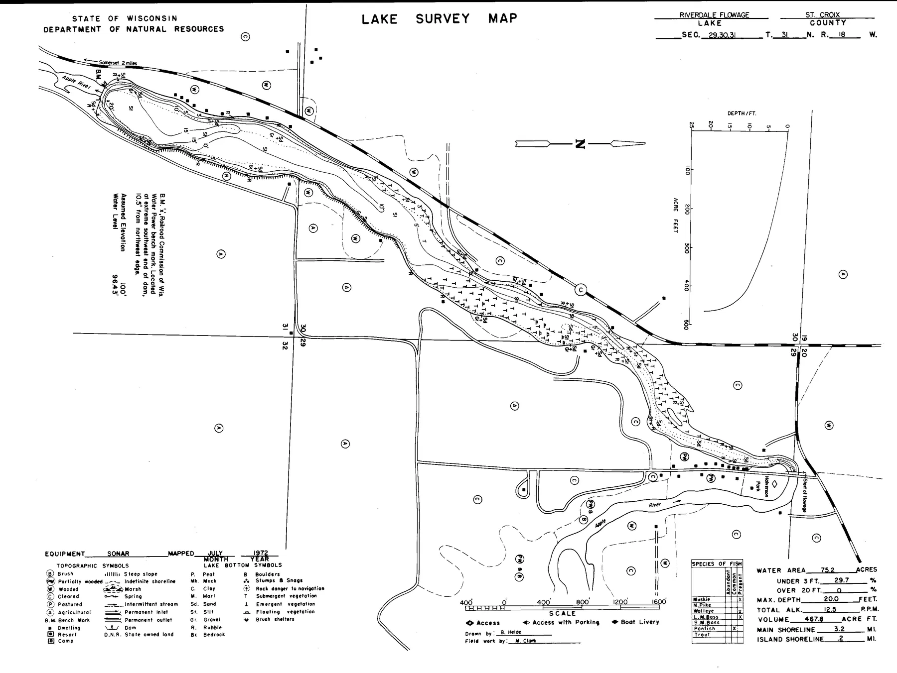 Riverdale Flowage historical Wisconsin DNR depth map sheet 1