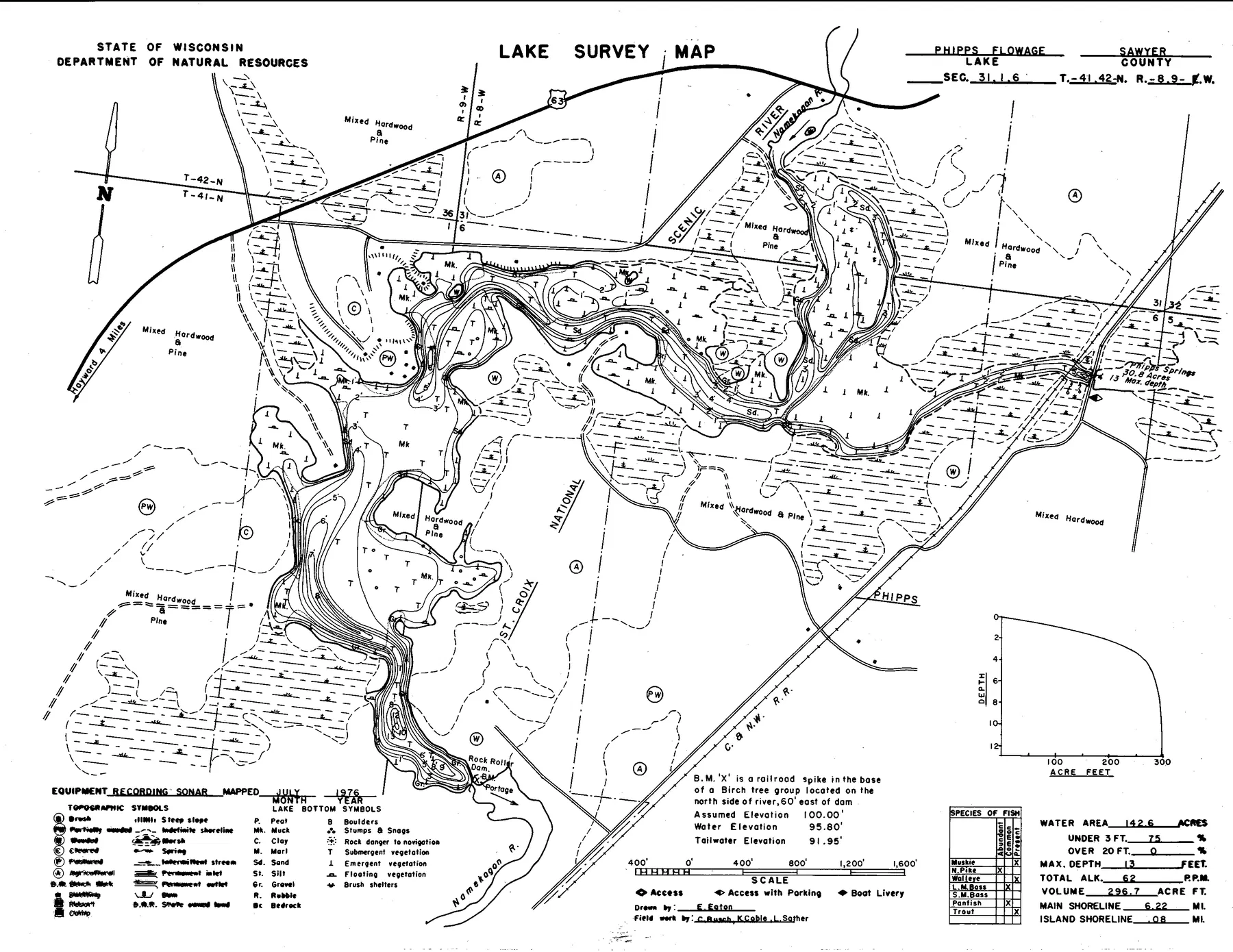 Phipps Flowage historical Wisconsin DNR depth map sheet 1