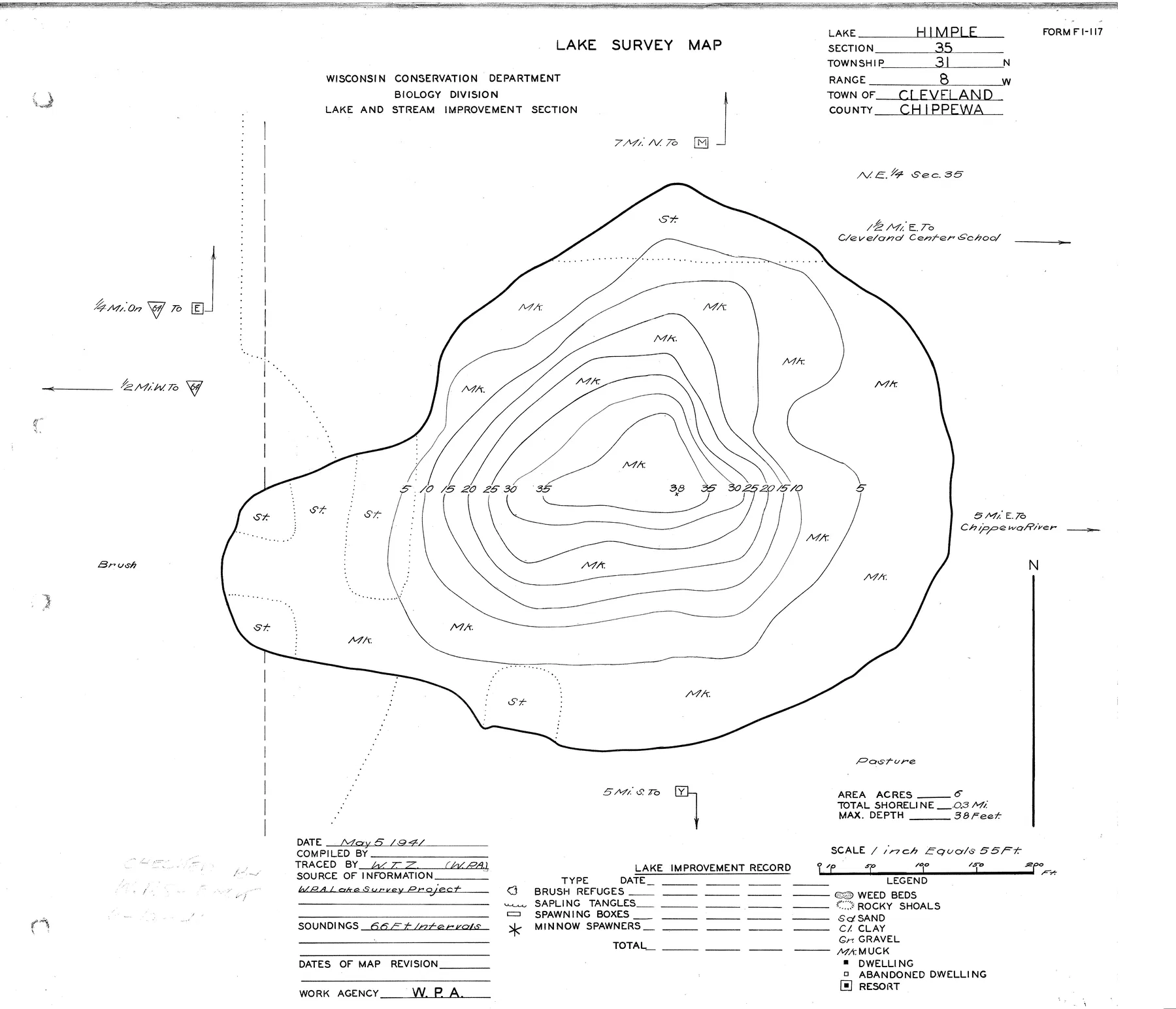 Himple Lake historical Wisconsin DNR depth map sheet 1