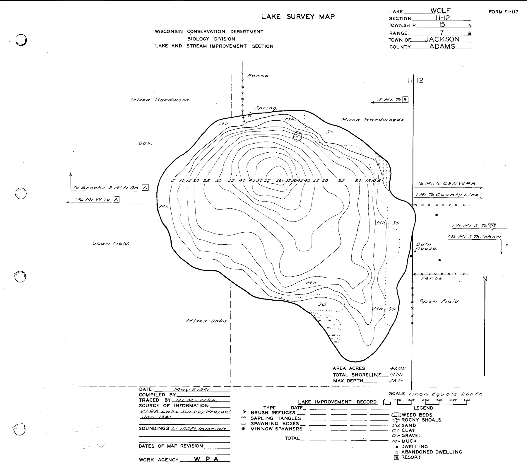 Wolf Lake historical Wisconsin DNR depth map sheet 1