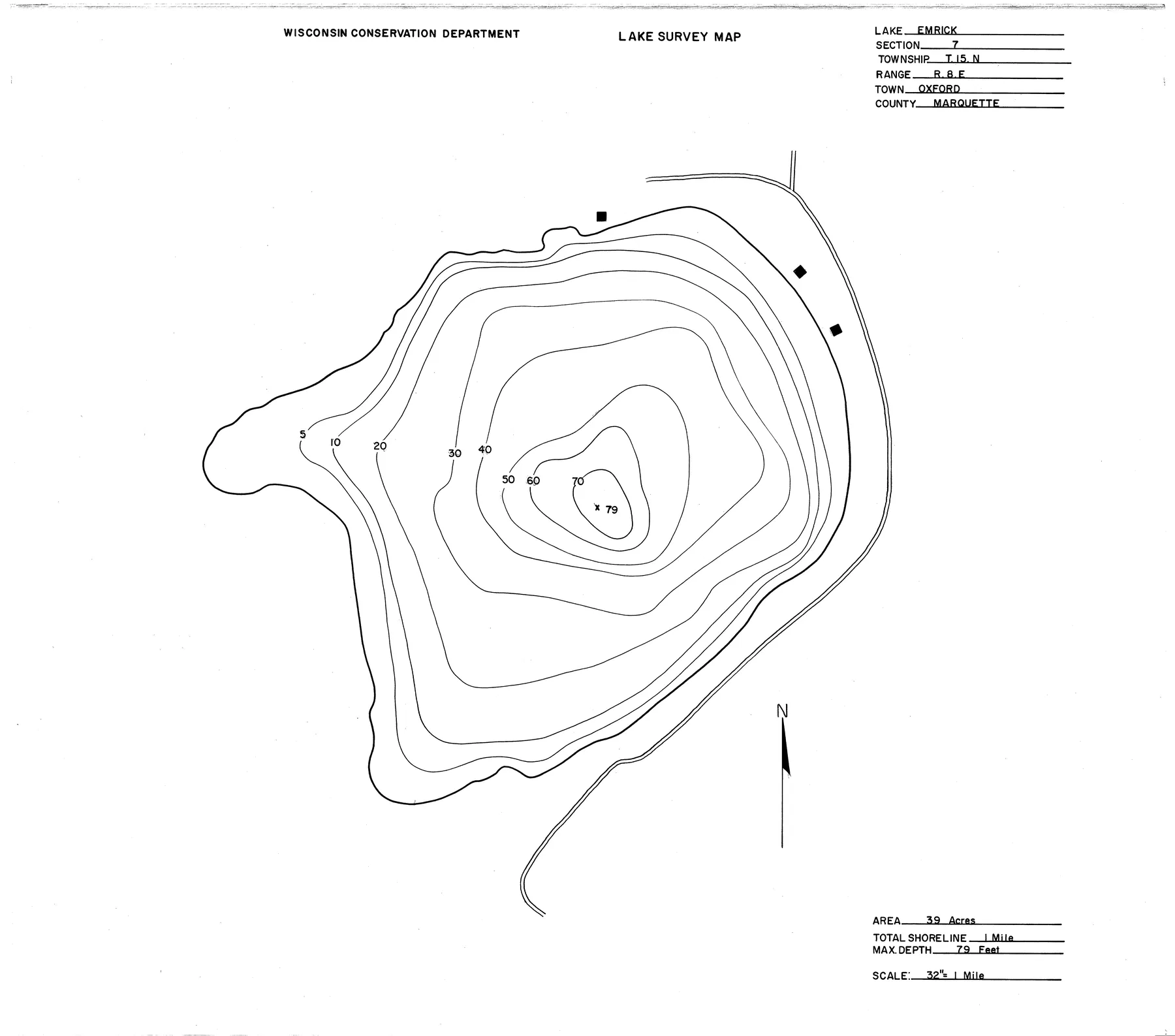 Emrick Lake historical Wisconsin DNR depth map sheet 1