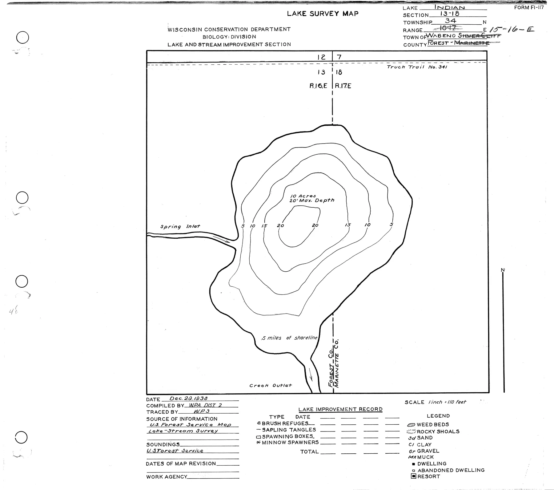 Indian Lake historical Wisconsin DNR depth map sheet 1