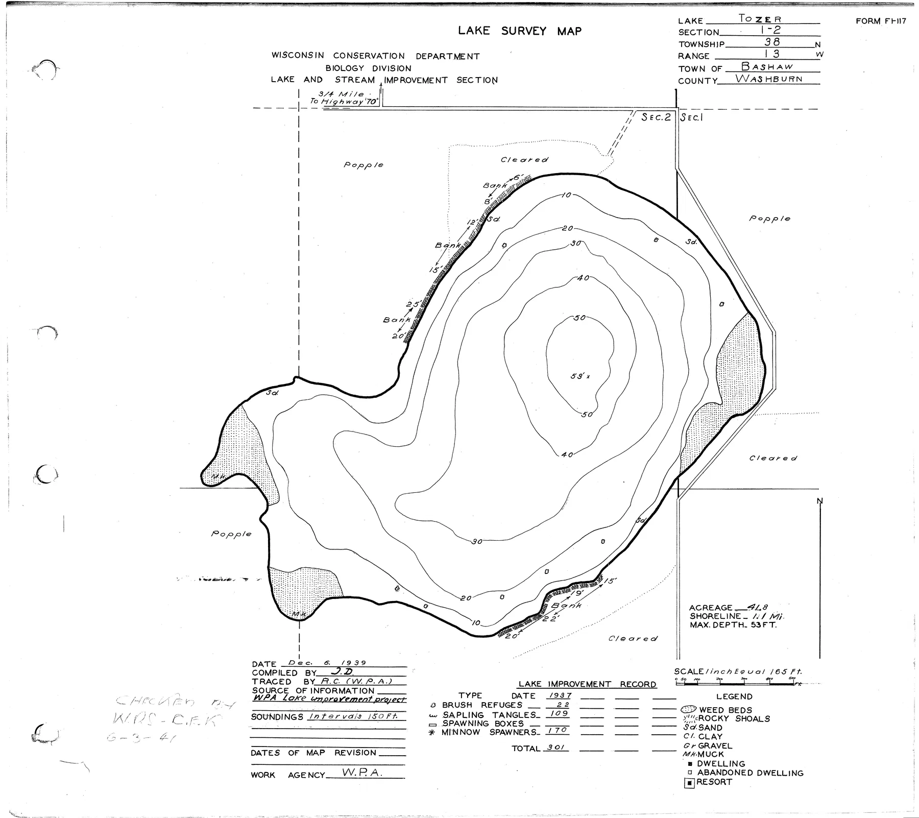 Tozer Lake historical Wisconsin DNR depth map sheet 1