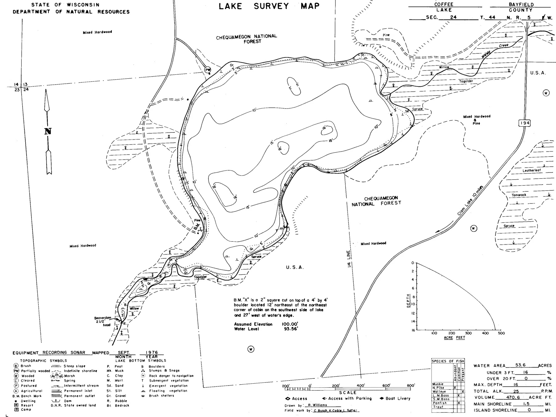 Coffee Lake historical Wisconsin DNR depth map sheet 1