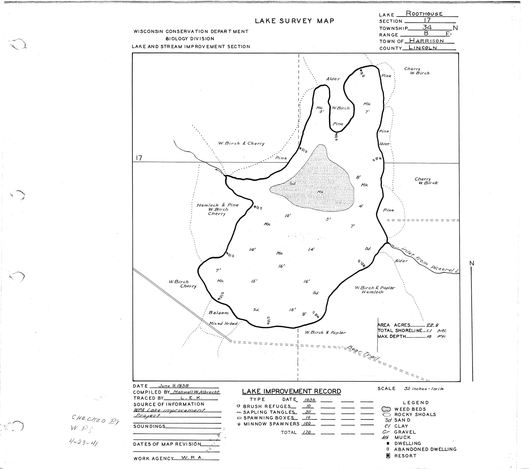 Roothouse Lake historical Wisconsin DNR depth map sheet 1