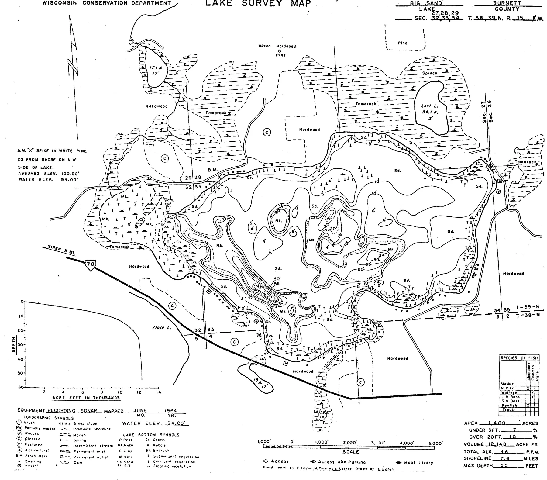 Big Sand Lake historical Wisconsin DNR depth map sheet 1