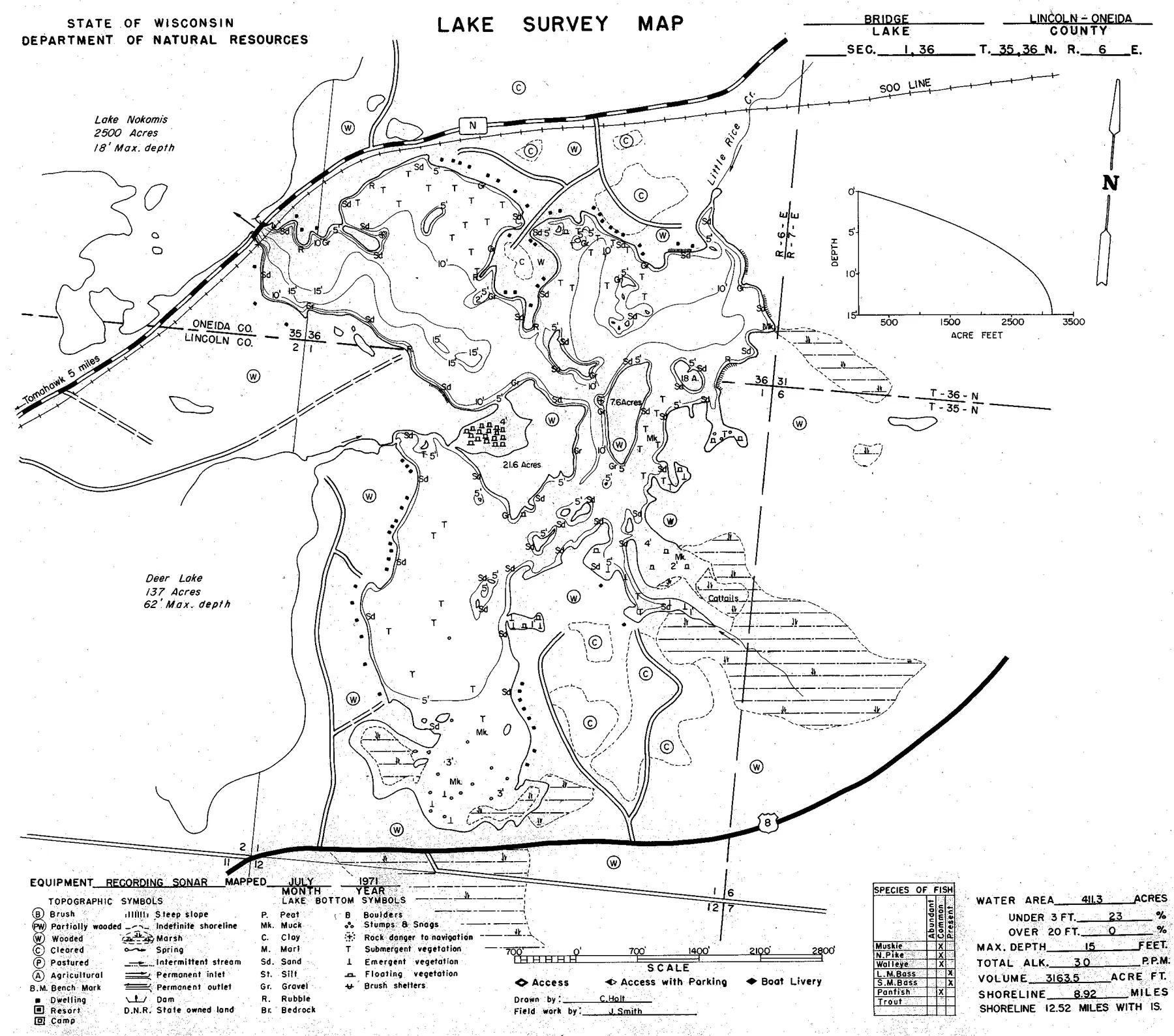 Bridge Lake historical Wisconsin DNR depth map sheet 1