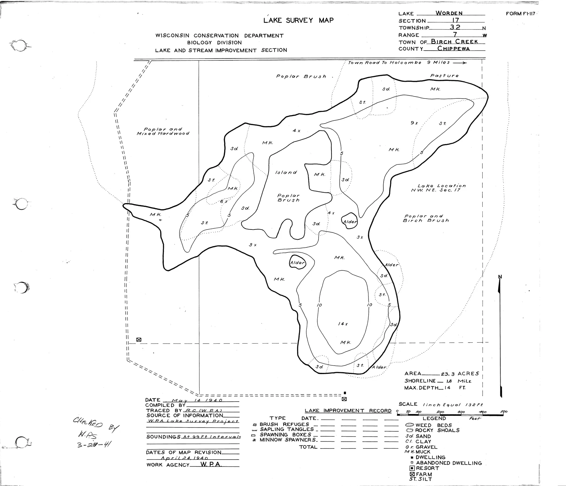 Worden Lake historical Wisconsin DNR depth map sheet 1