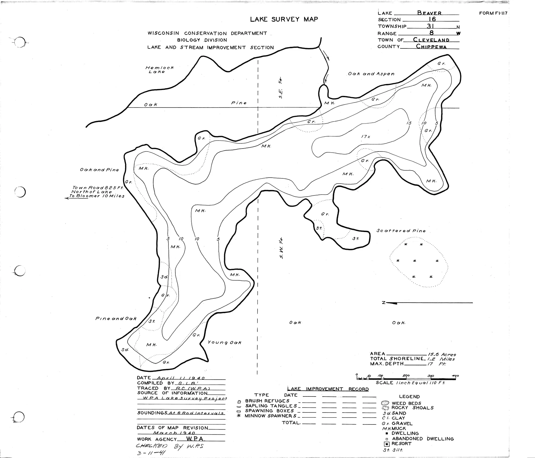 Beaver Lake historical Wisconsin DNR depth map sheet 1