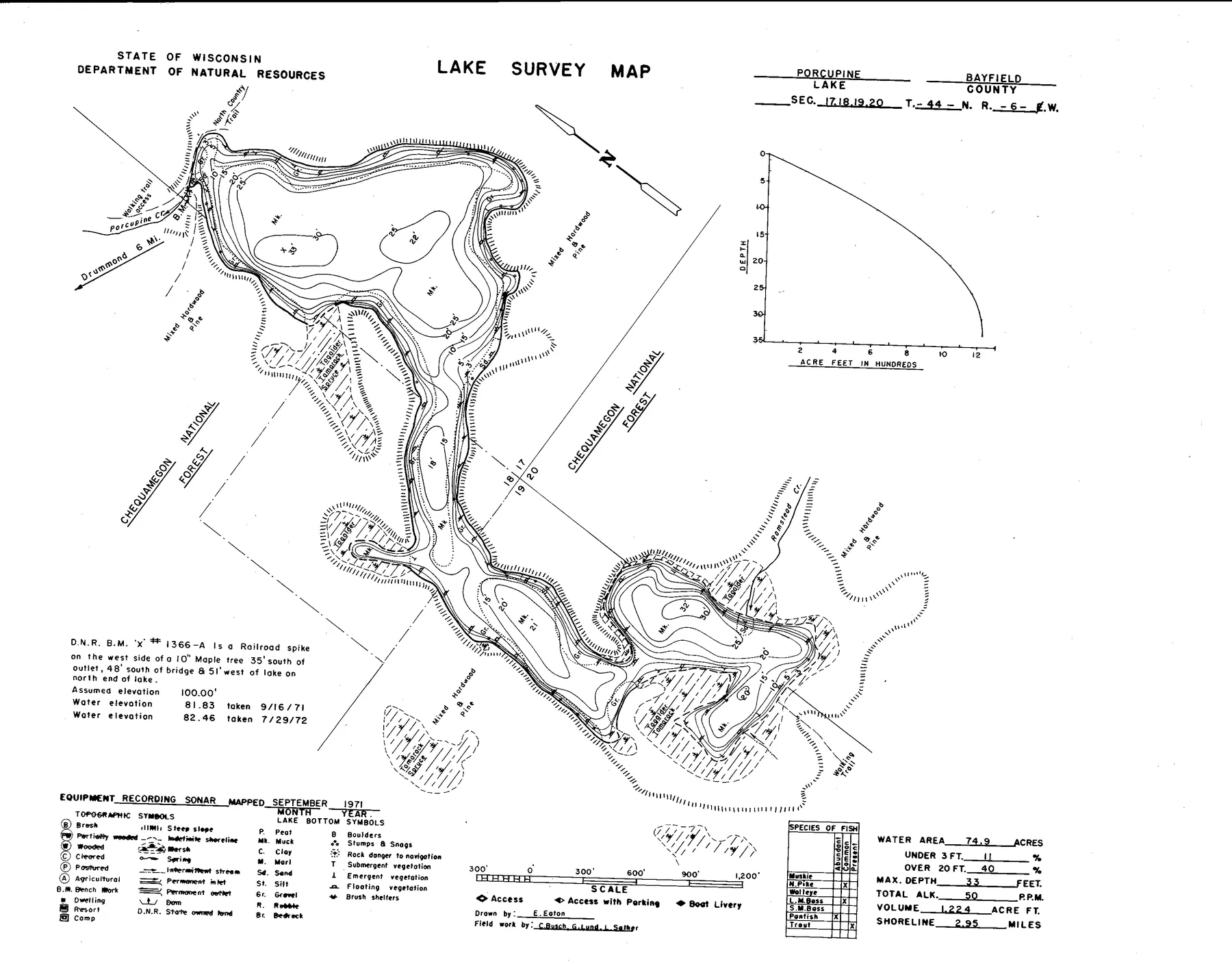 Porcupine Lake historical Wisconsin DNR depth map sheet 1