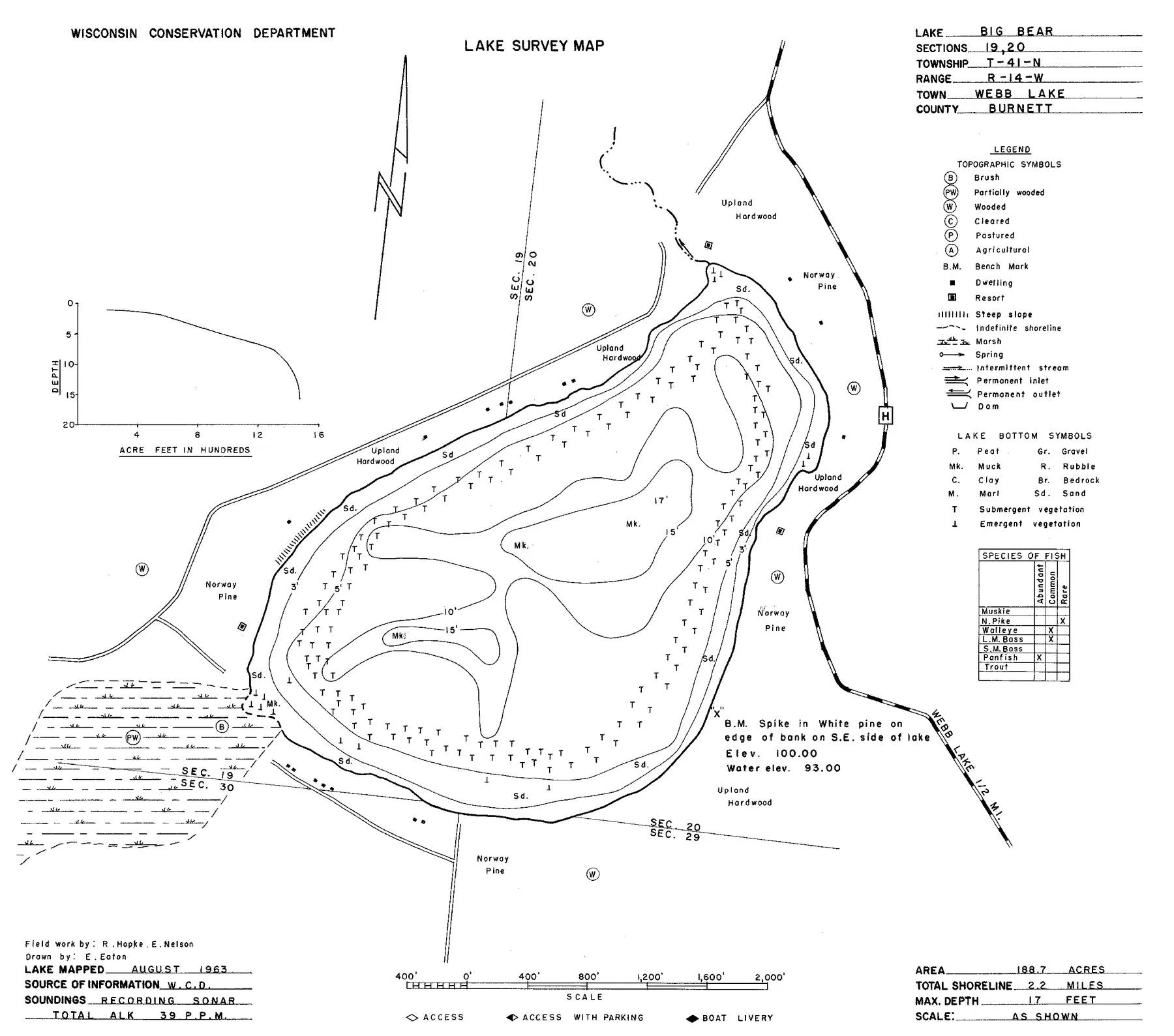 Big Bear Lake historical Wisconsin DNR depth map sheet 1