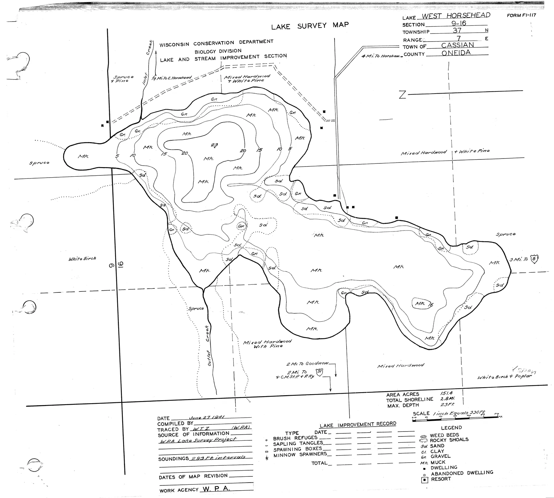 West Horsehead Lake historical Wisconsin DNR depth map sheet 1