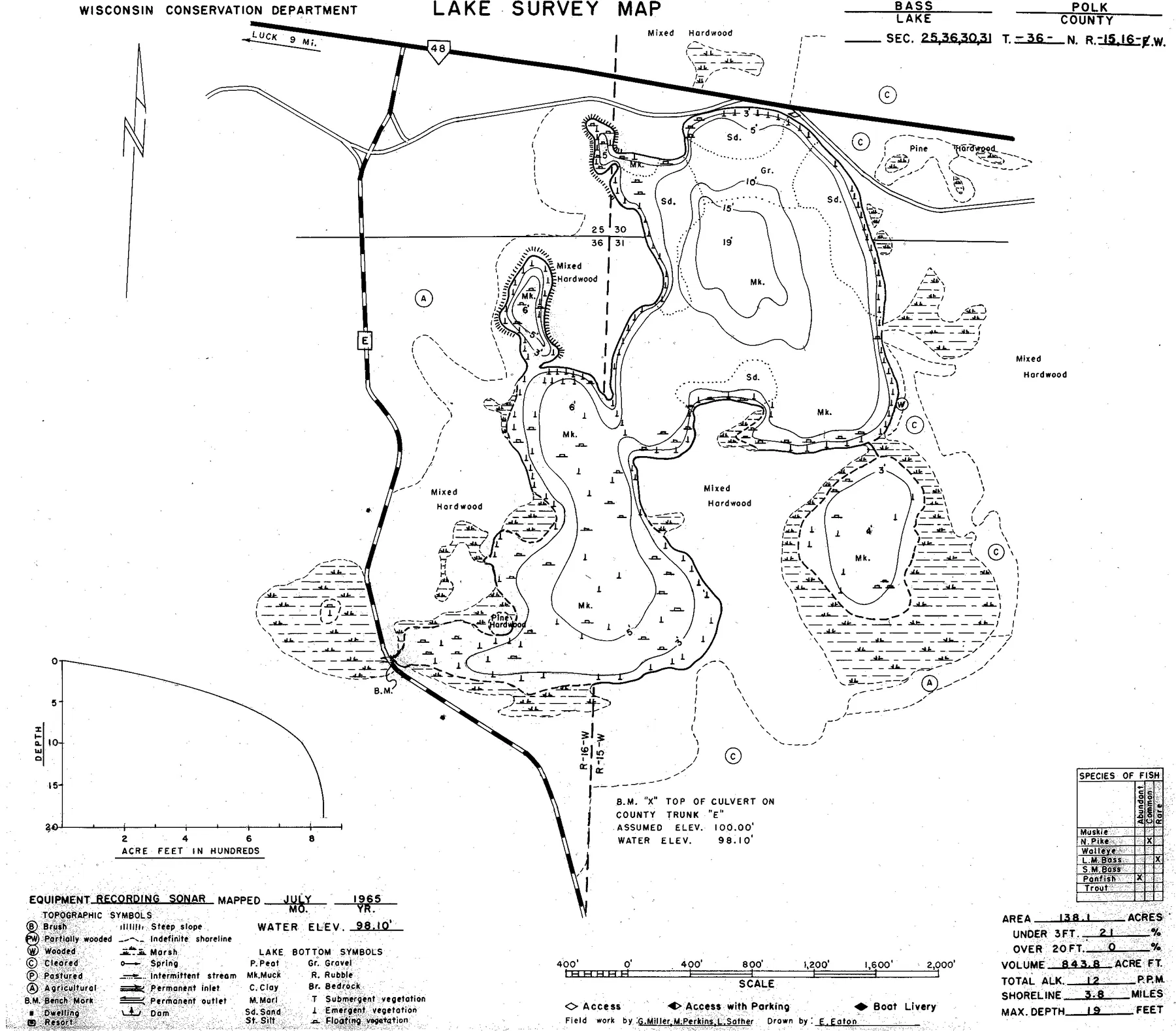 Bass Lake historical Wisconsin DNR depth map sheet 1