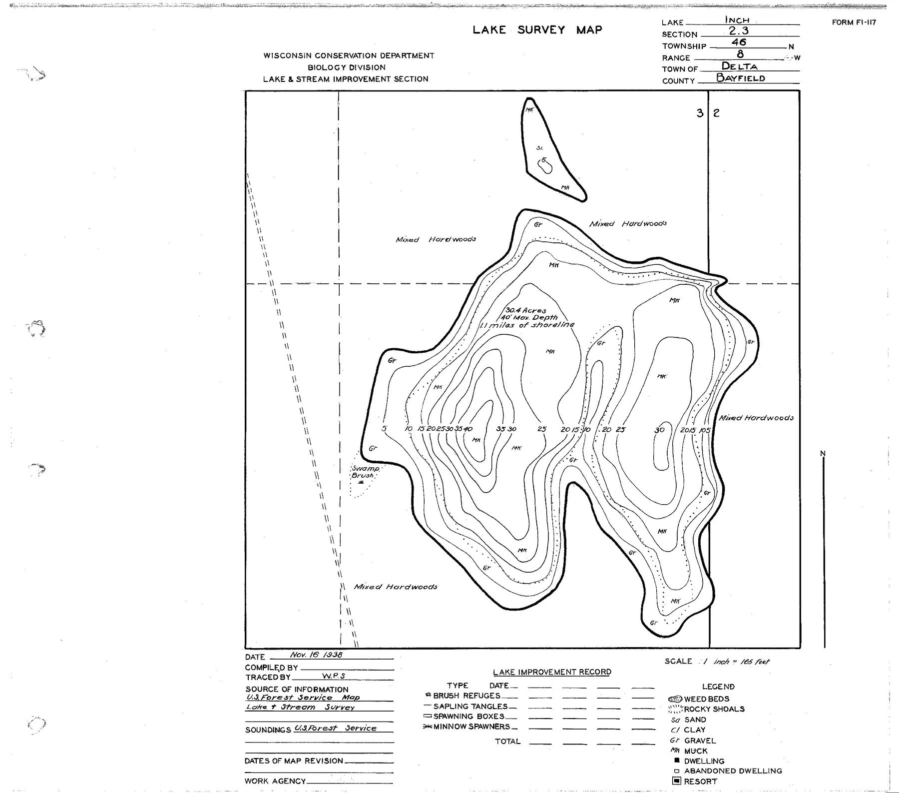 Inch Lake historical Wisconsin DNR depth map sheet 1