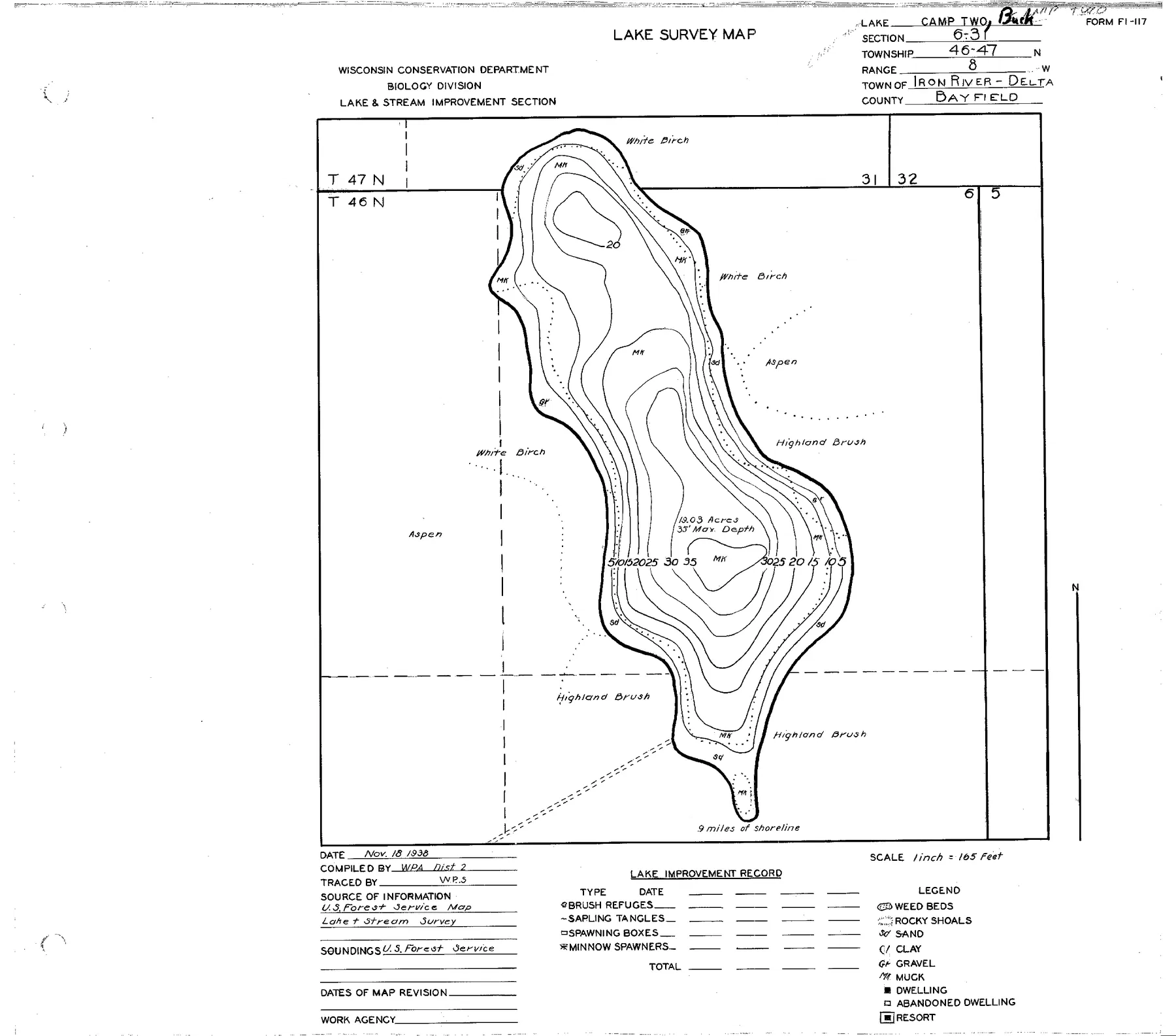 Camp Two Lake historical Wisconsin DNR depth map sheet 1