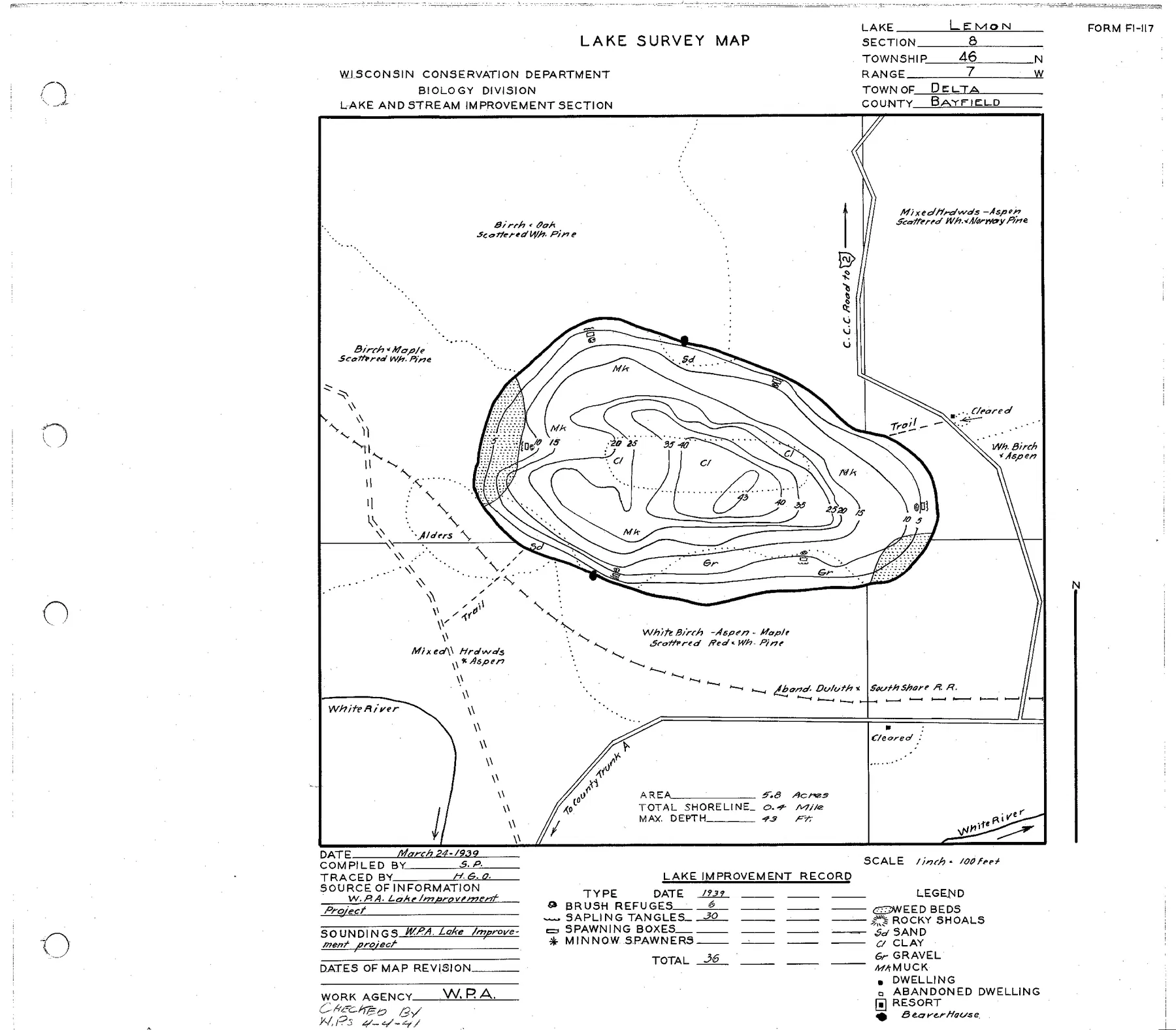 Lemon Lake historical Wisconsin DNR depth map sheet 1