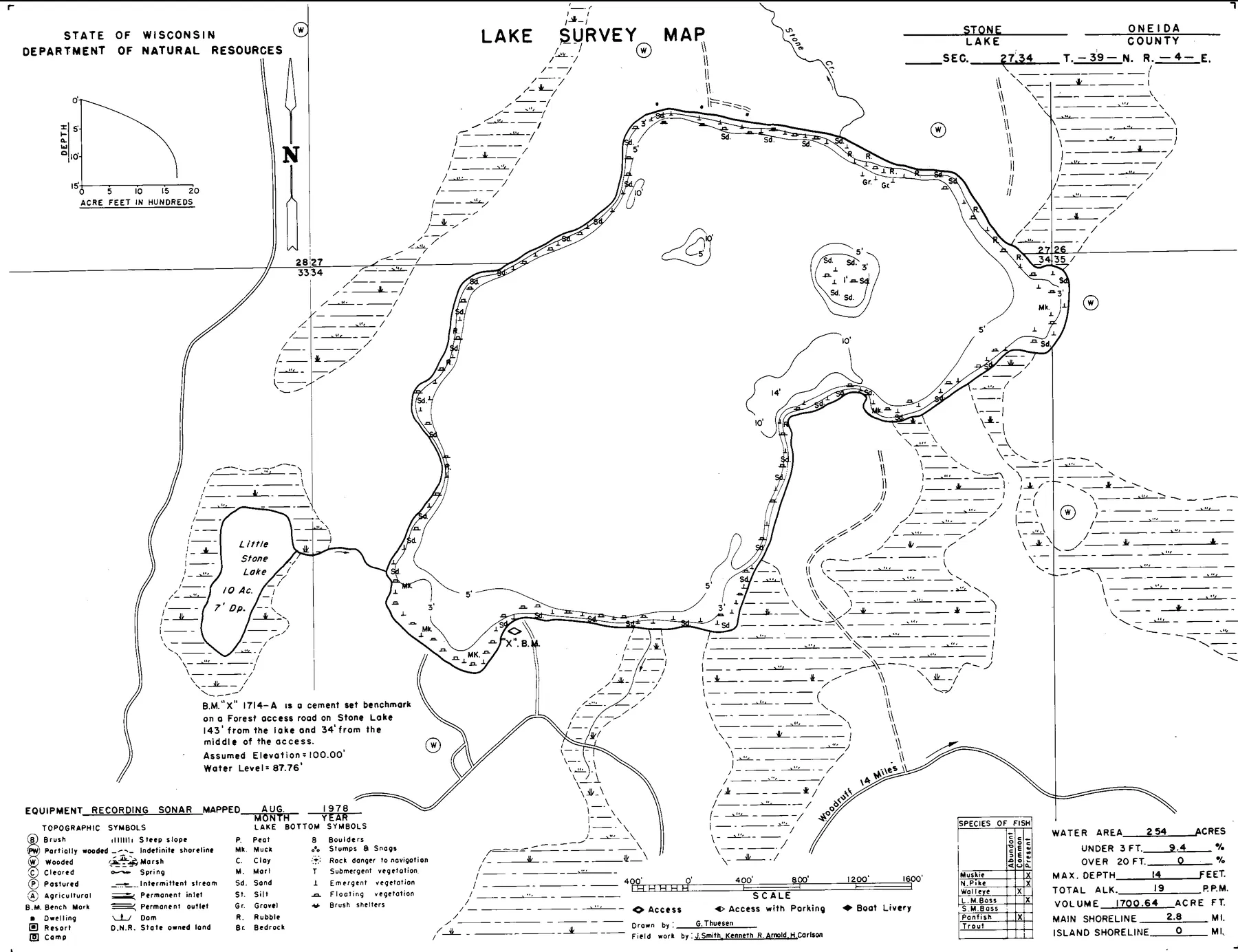 Stone Lake historical Wisconsin DNR depth map sheet 1