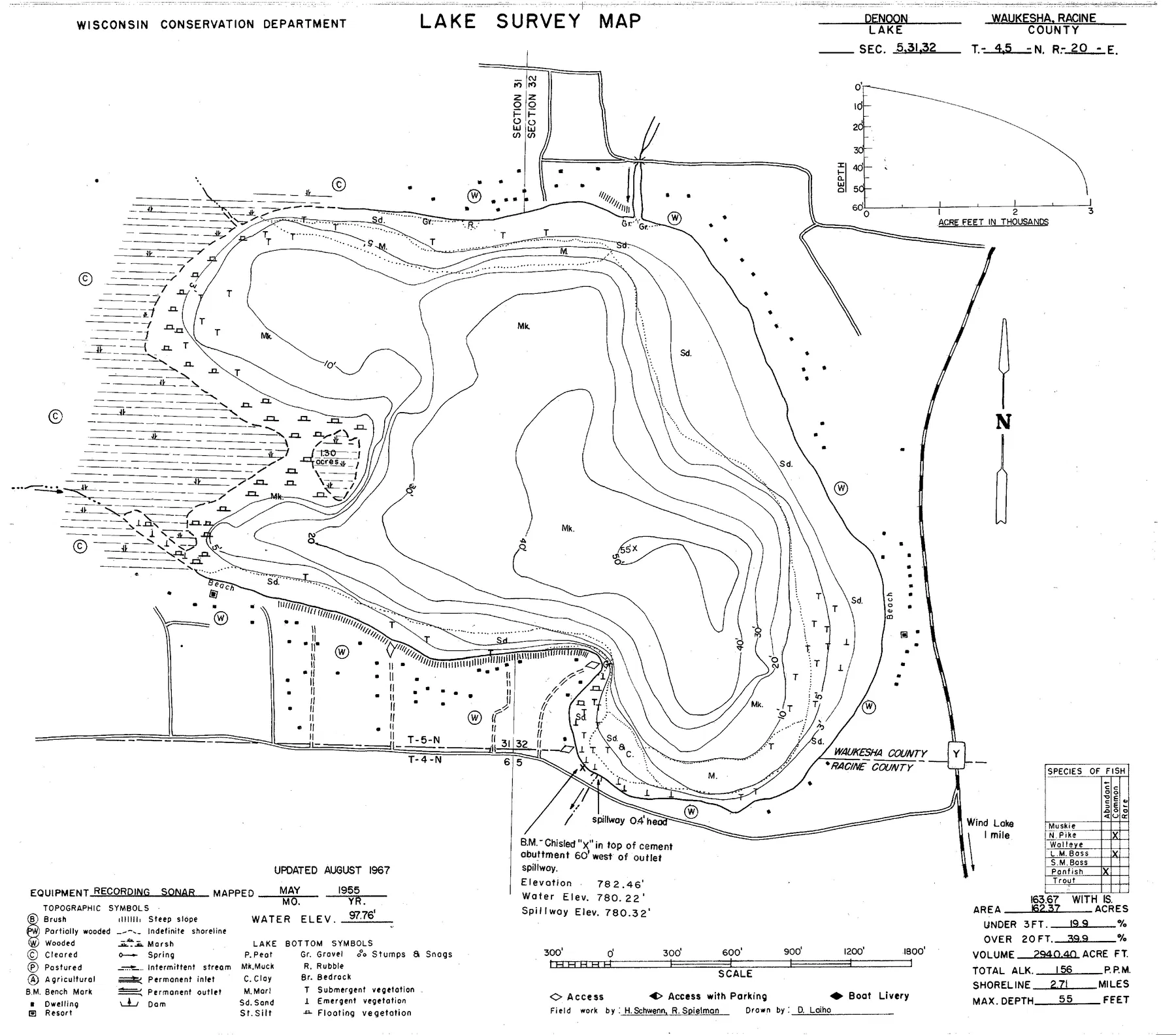 Lake Denoon historical Wisconsin DNR depth map sheet 1