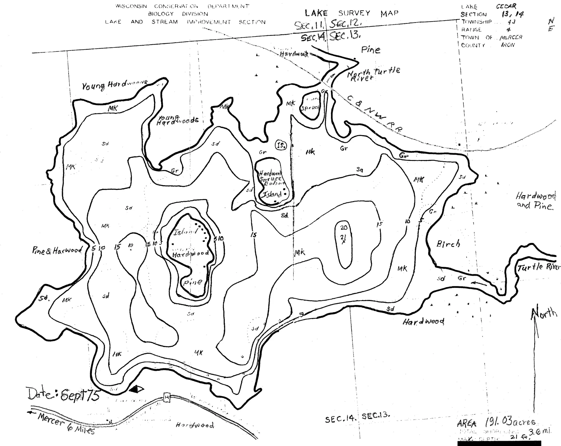 Cedar Lake historical Wisconsin DNR depth map sheet 1