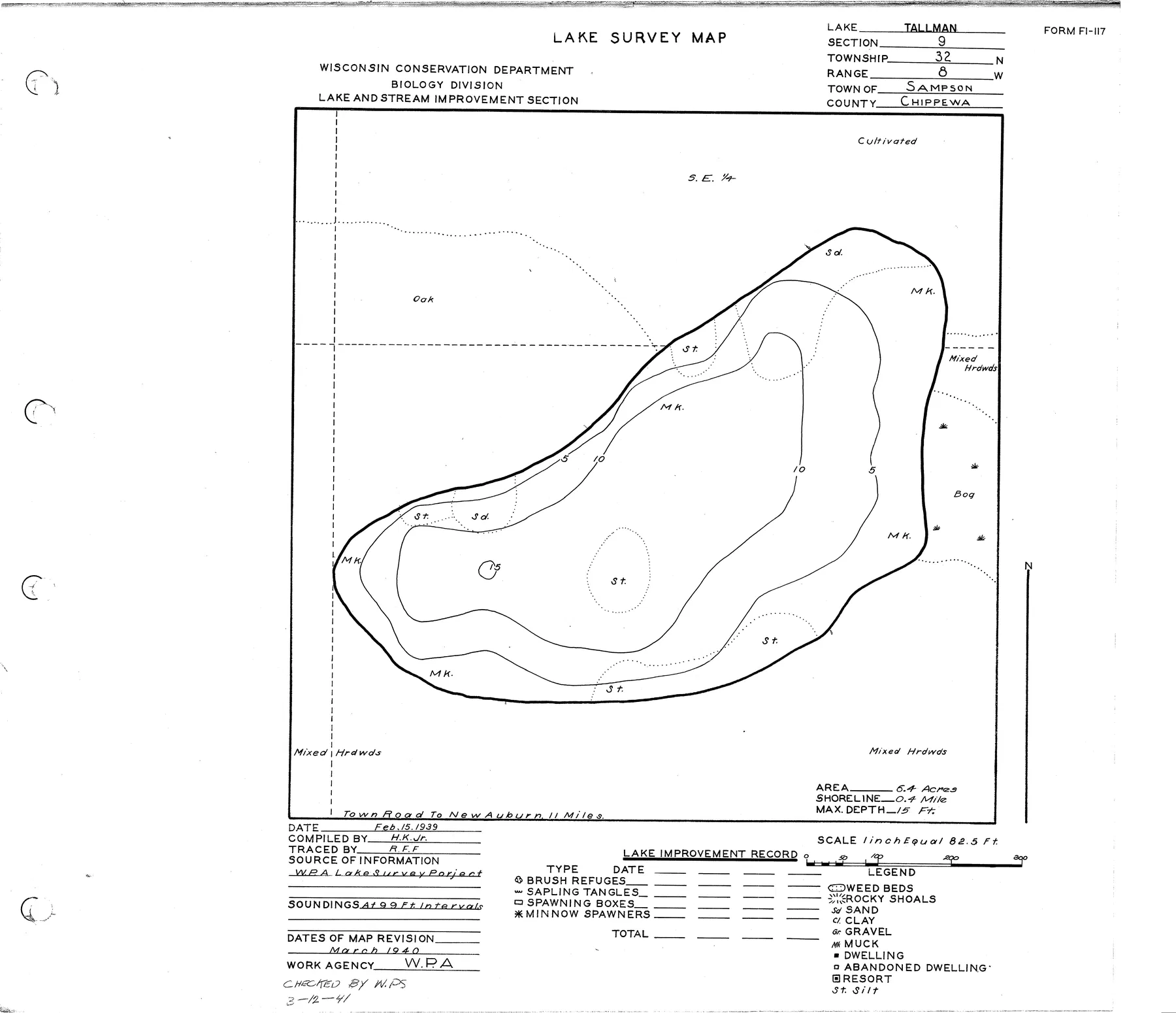 Tallman Lake historical Wisconsin DNR depth map sheet 1