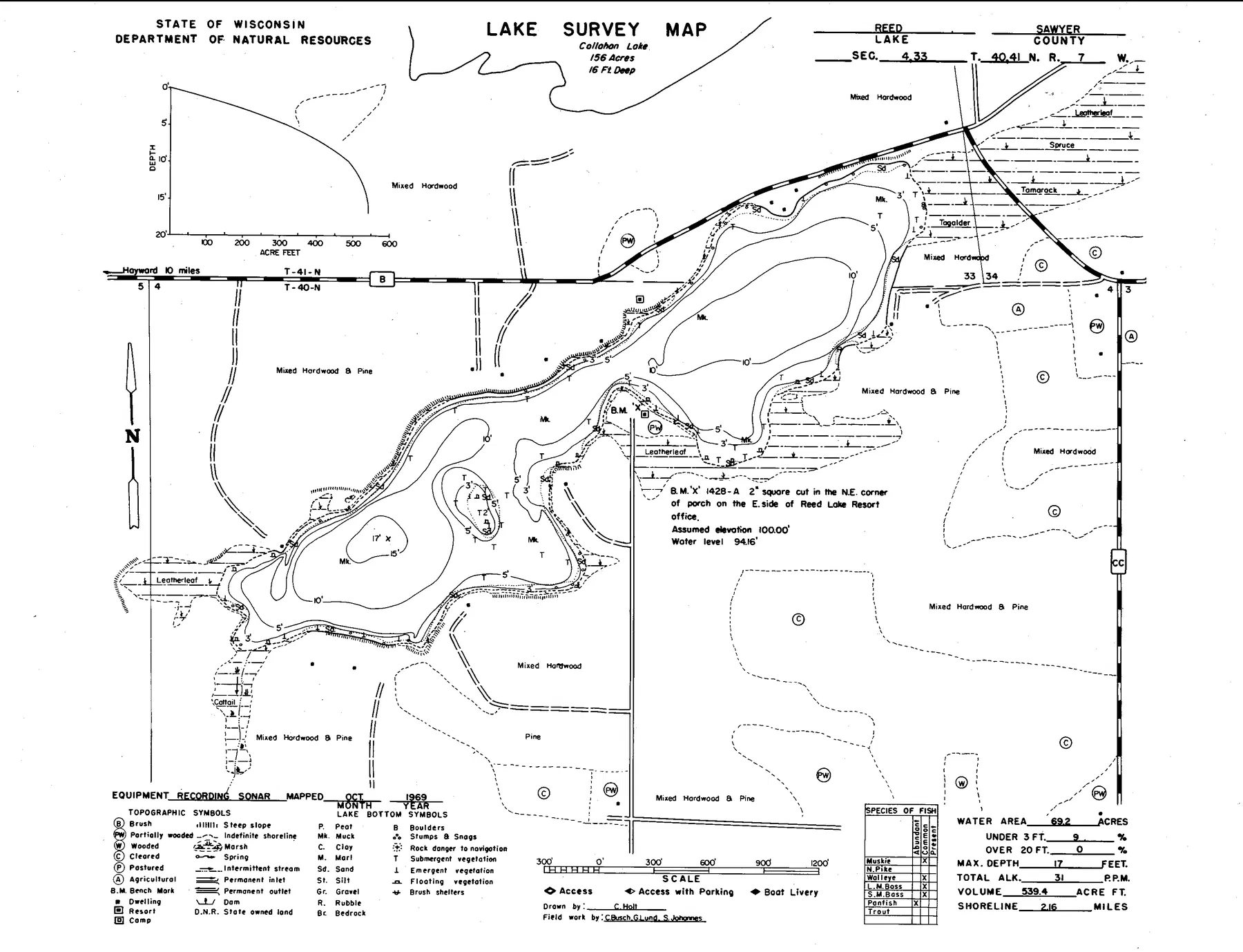 Reed Lake historical Wisconsin DNR depth map sheet 1
