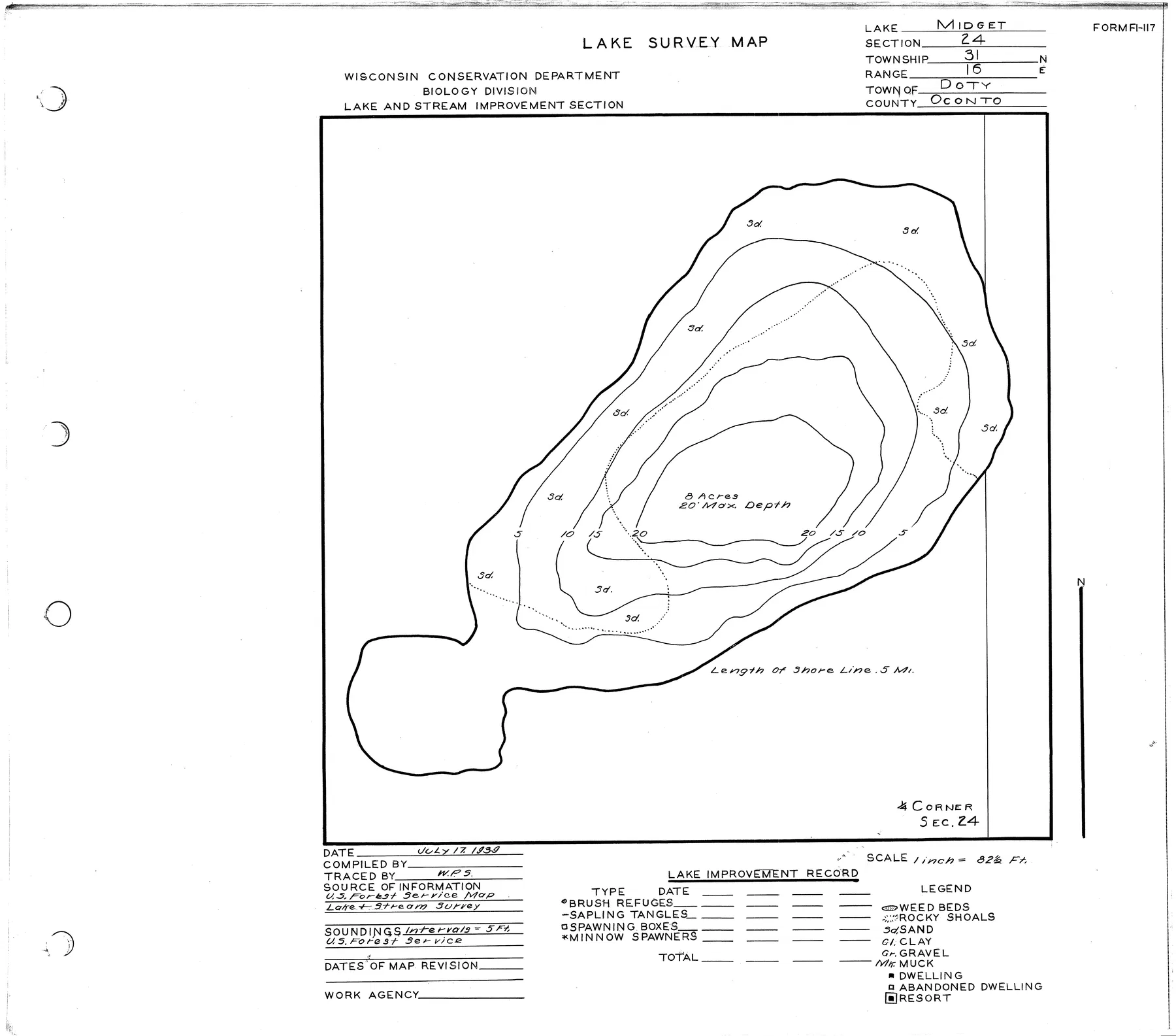 Midget Lake historical Wisconsin DNR depth map sheet 1
