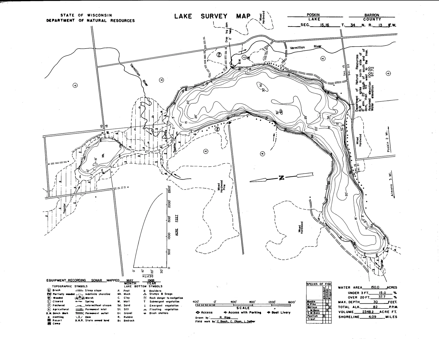 Poskin Lake historical Wisconsin DNR depth map sheet 1
