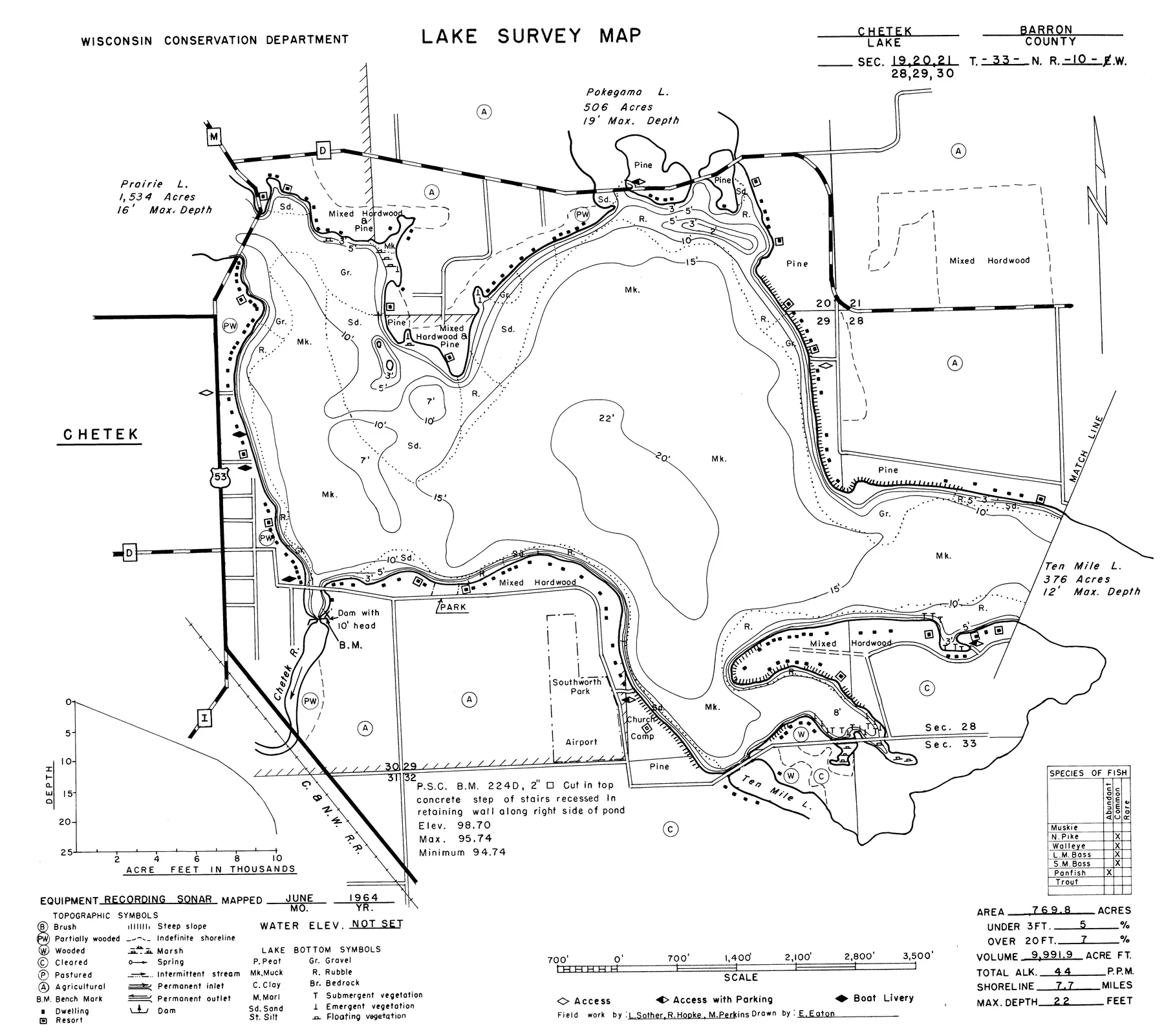 Lake Chetek historical Wisconsin DNR depth map sheet 1