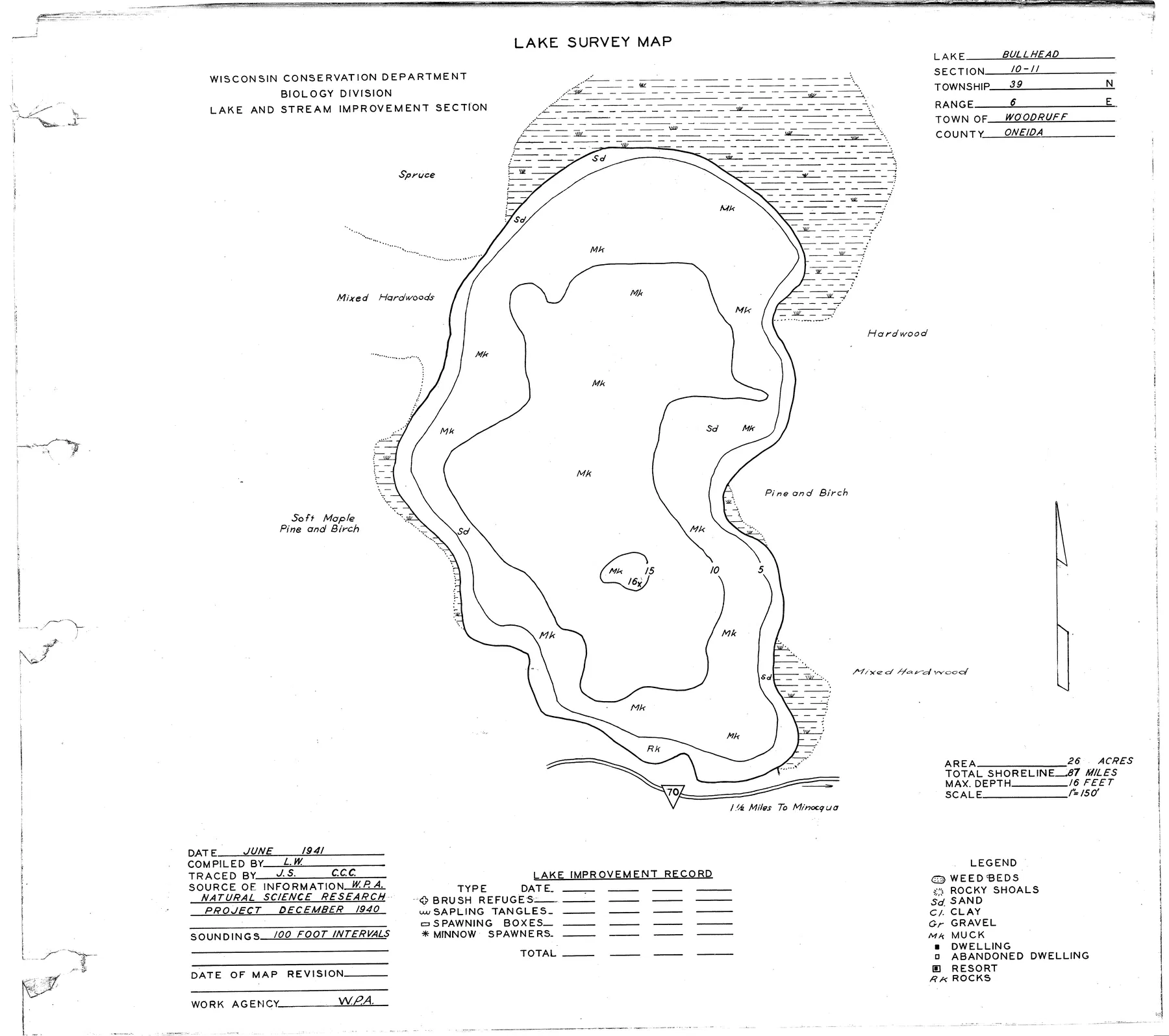 Bullhead Lake historical Wisconsin DNR depth map sheet 1