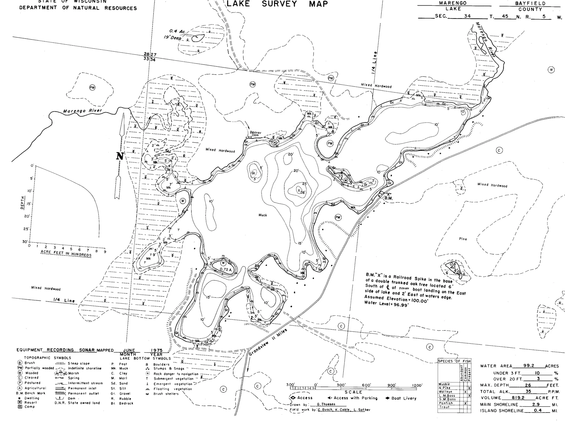 Marengo Lake historical Wisconsin DNR depth map sheet 1