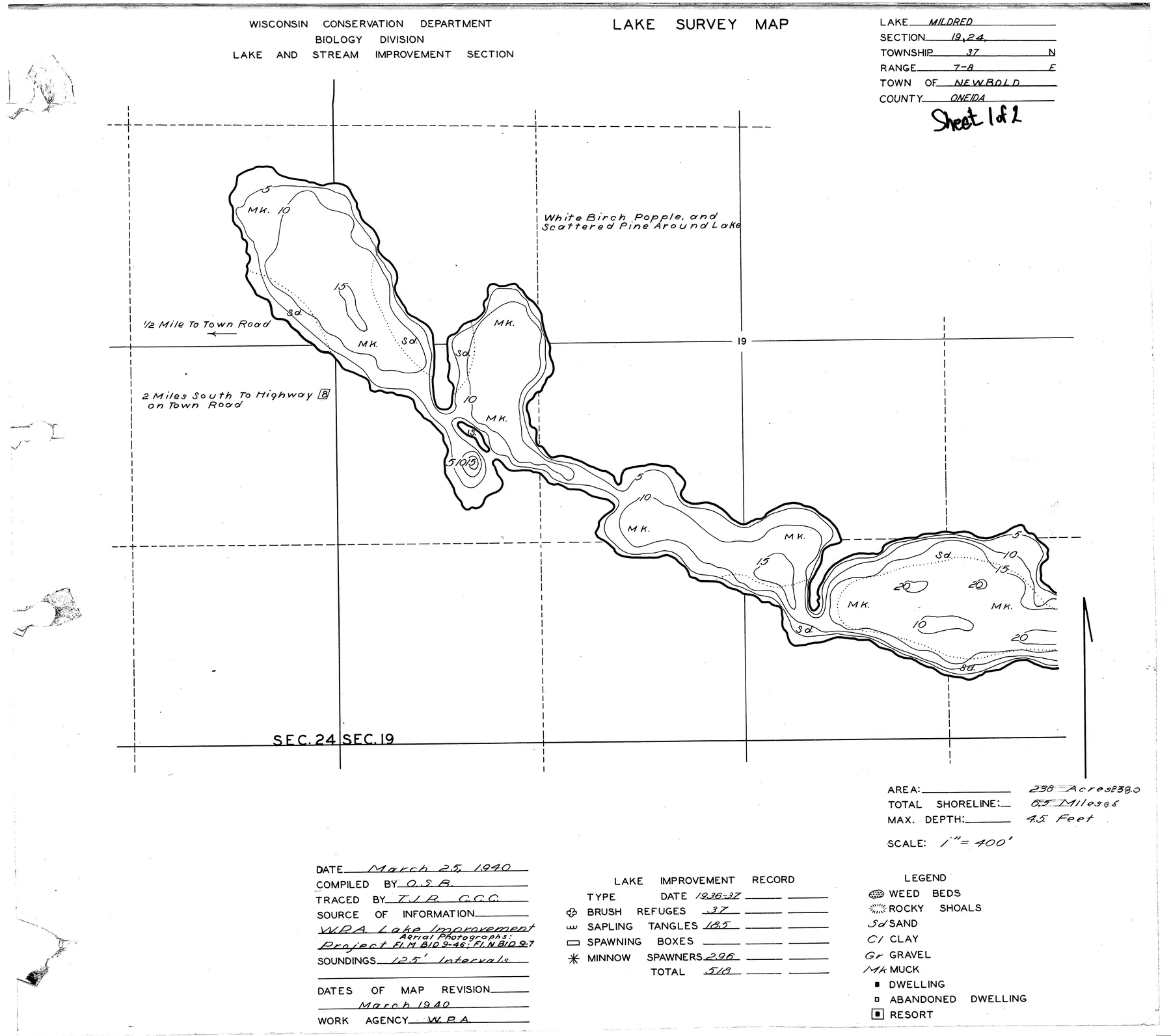 Clear Lake historical Wisconsin DNR depth map sheet 1