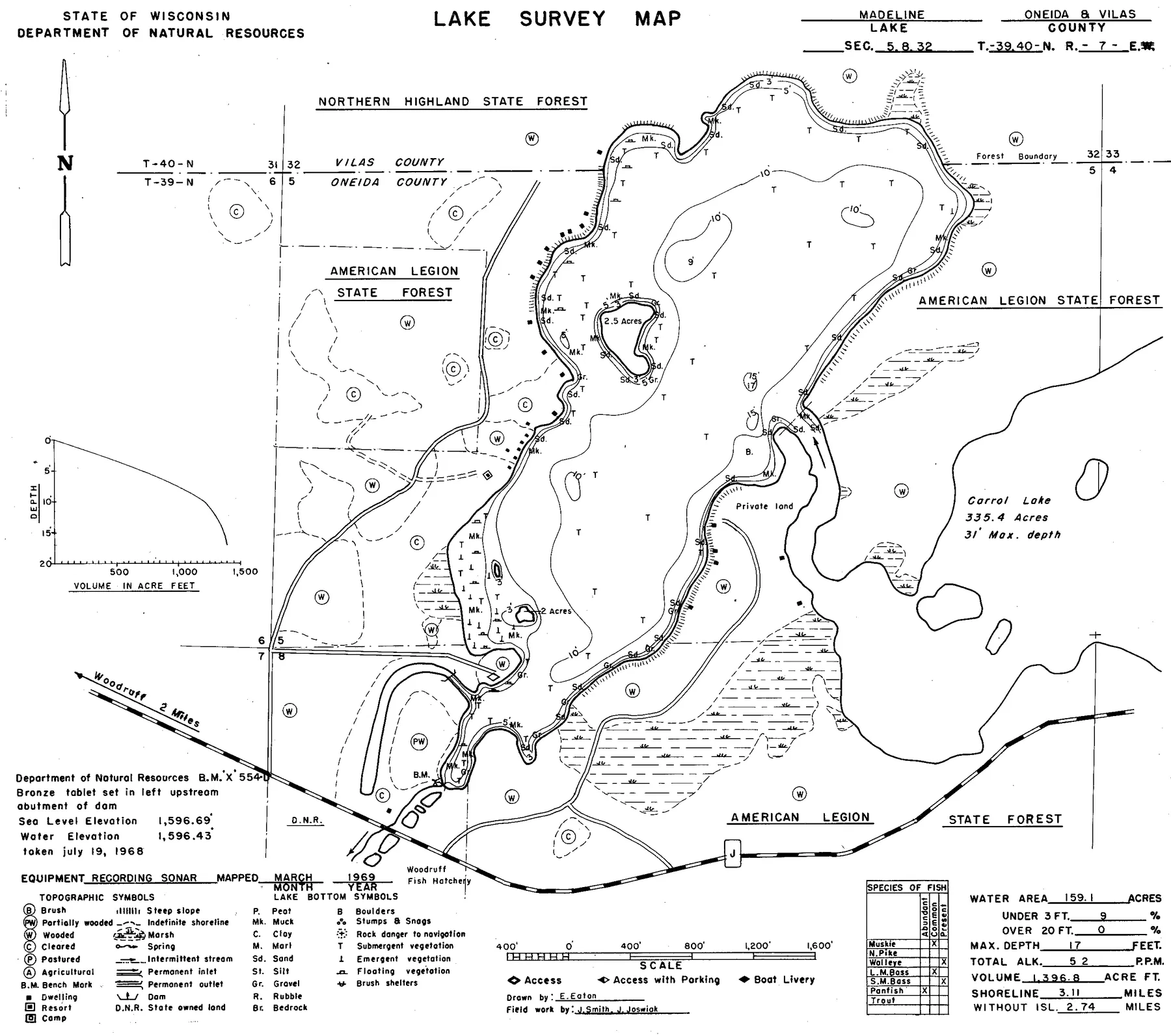 Madeline Lake historical Wisconsin DNR depth map sheet 1