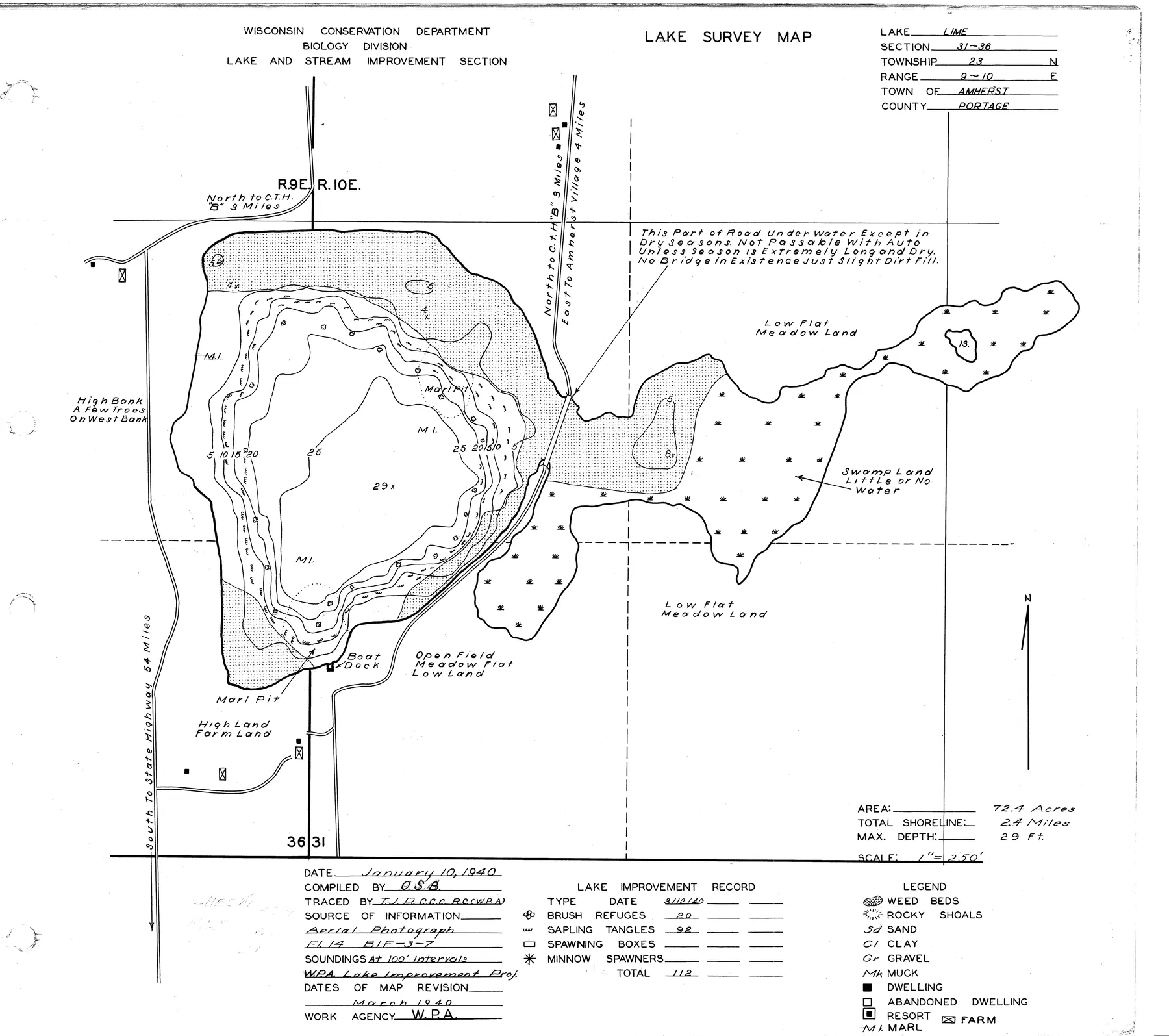 Lake Lime historical Wisconsin DNR depth map sheet 1