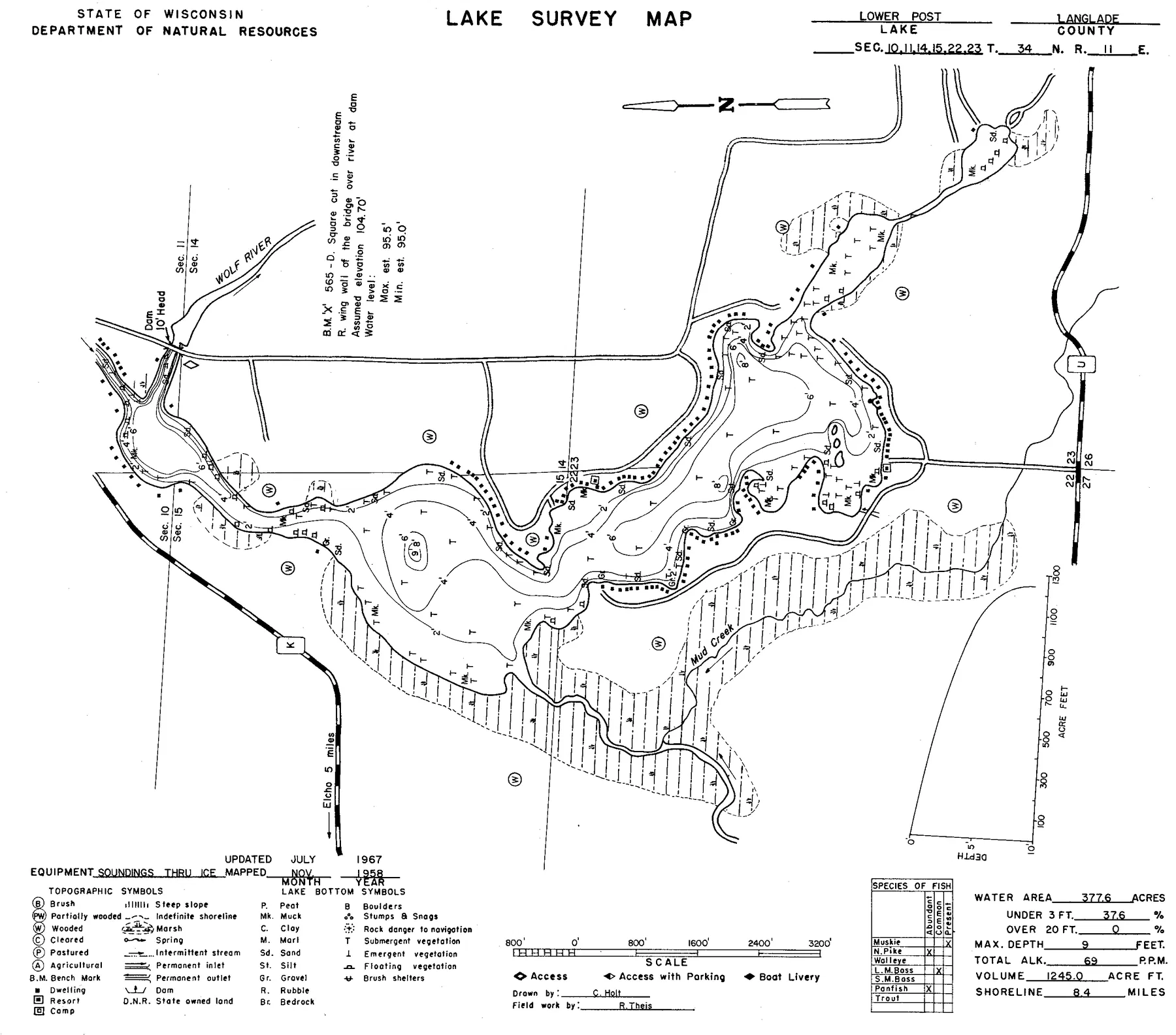 Lower Post Lake historical Wisconsin DNR depth map sheet 1