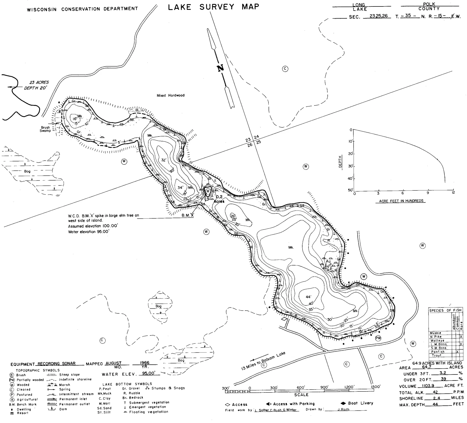 Long Lake historical Wisconsin DNR depth map sheet 1