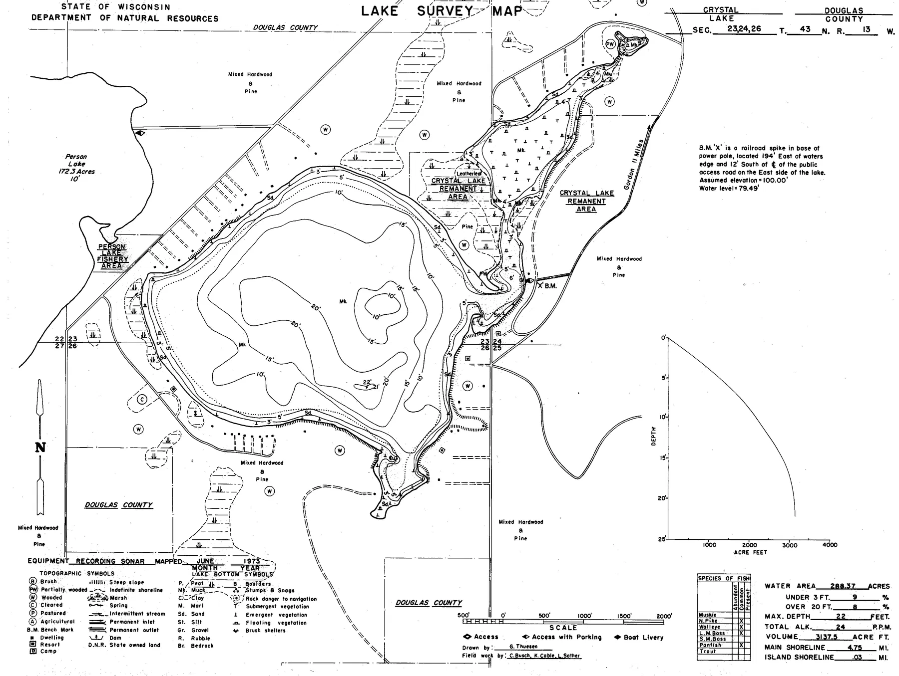 Crystal Lake historical Wisconsin DNR depth map sheet 1