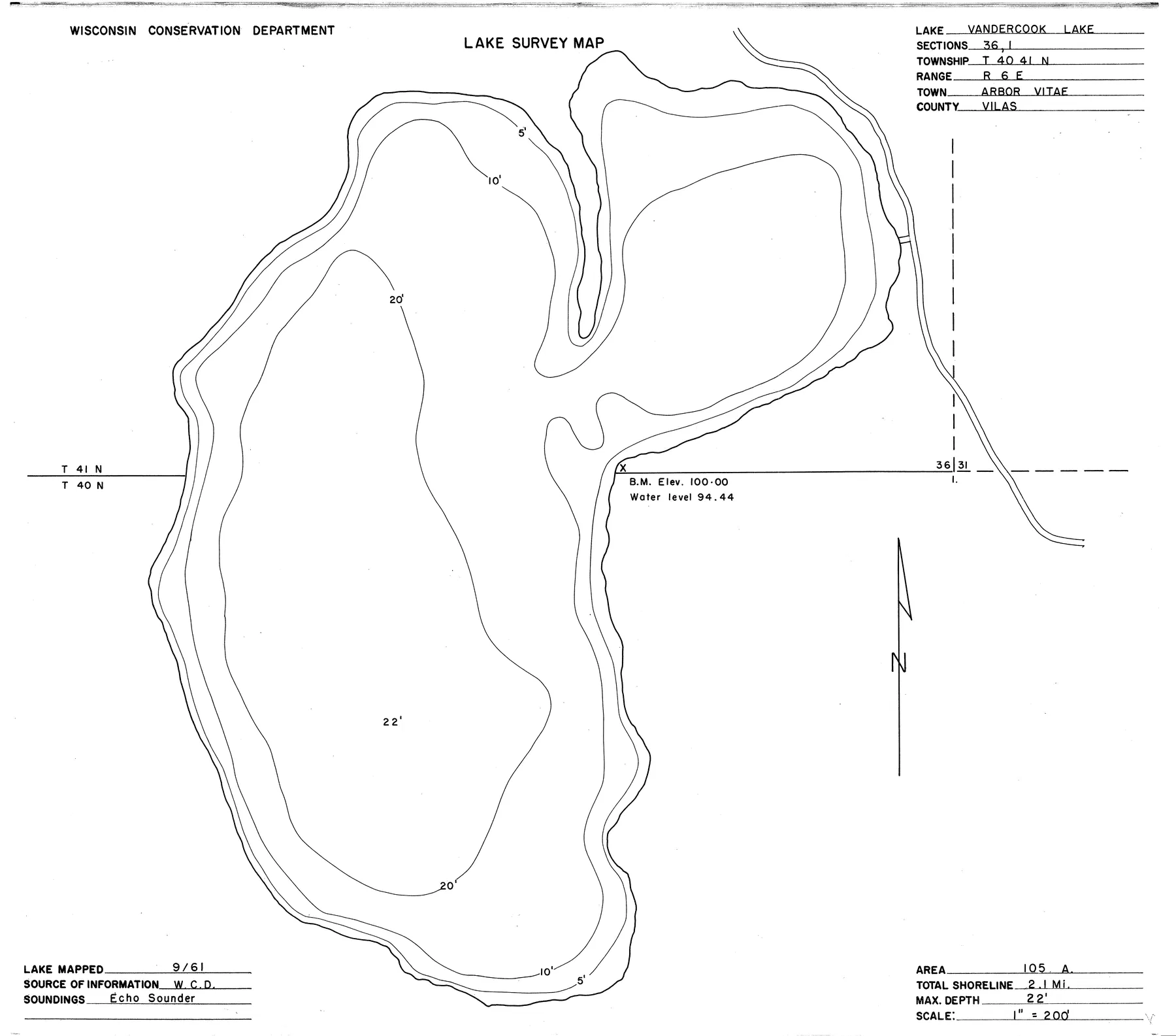 Vandercook Lake historical Wisconsin DNR depth map sheet 1