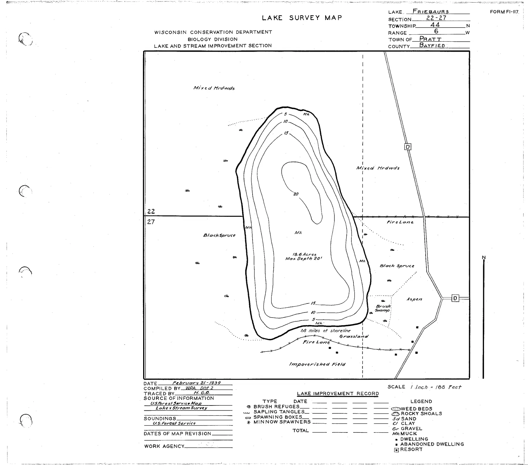 Friedbauer Lake historical Wisconsin DNR depth map sheet 1