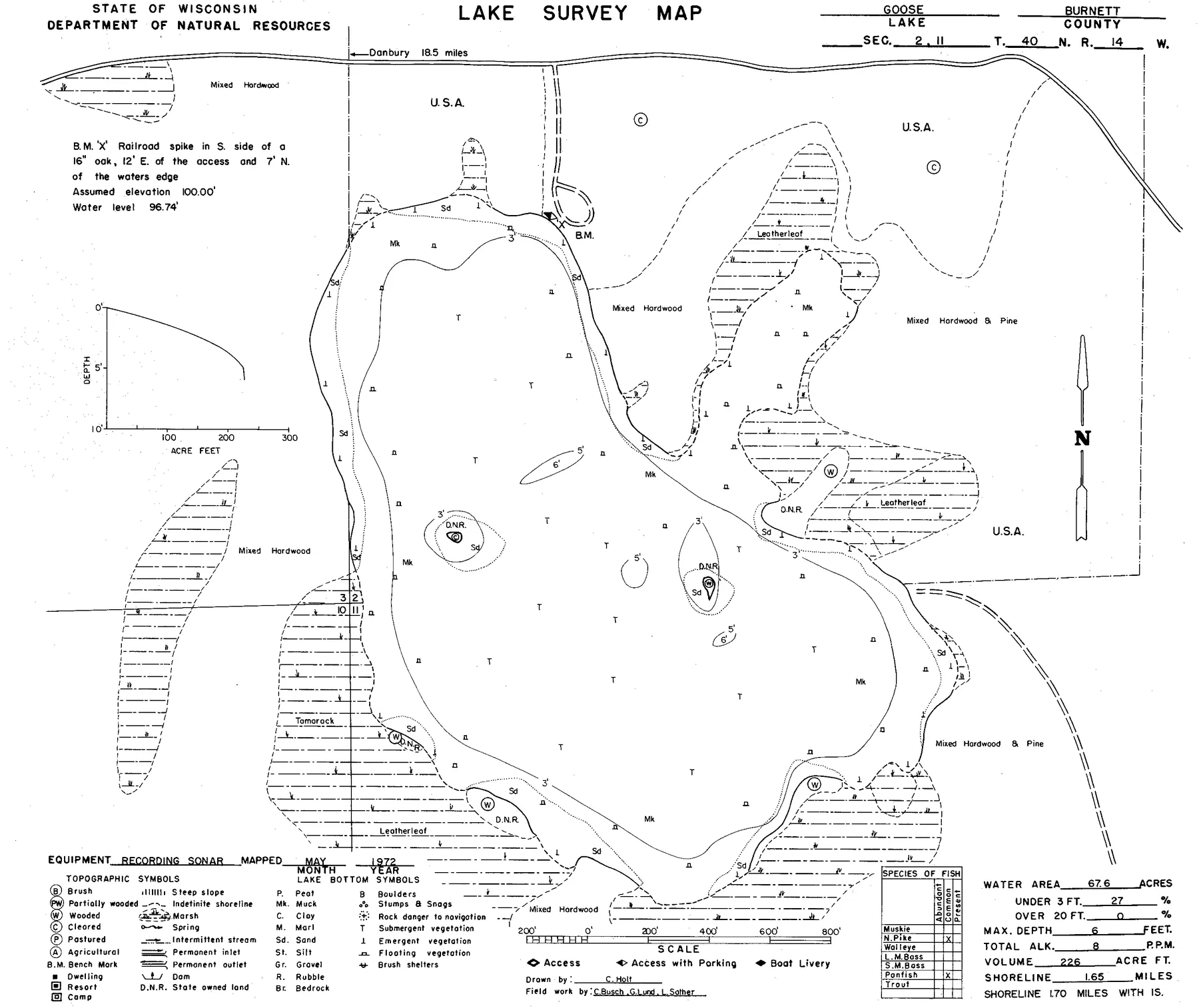 Goose Lake historical Wisconsin DNR depth map sheet 1