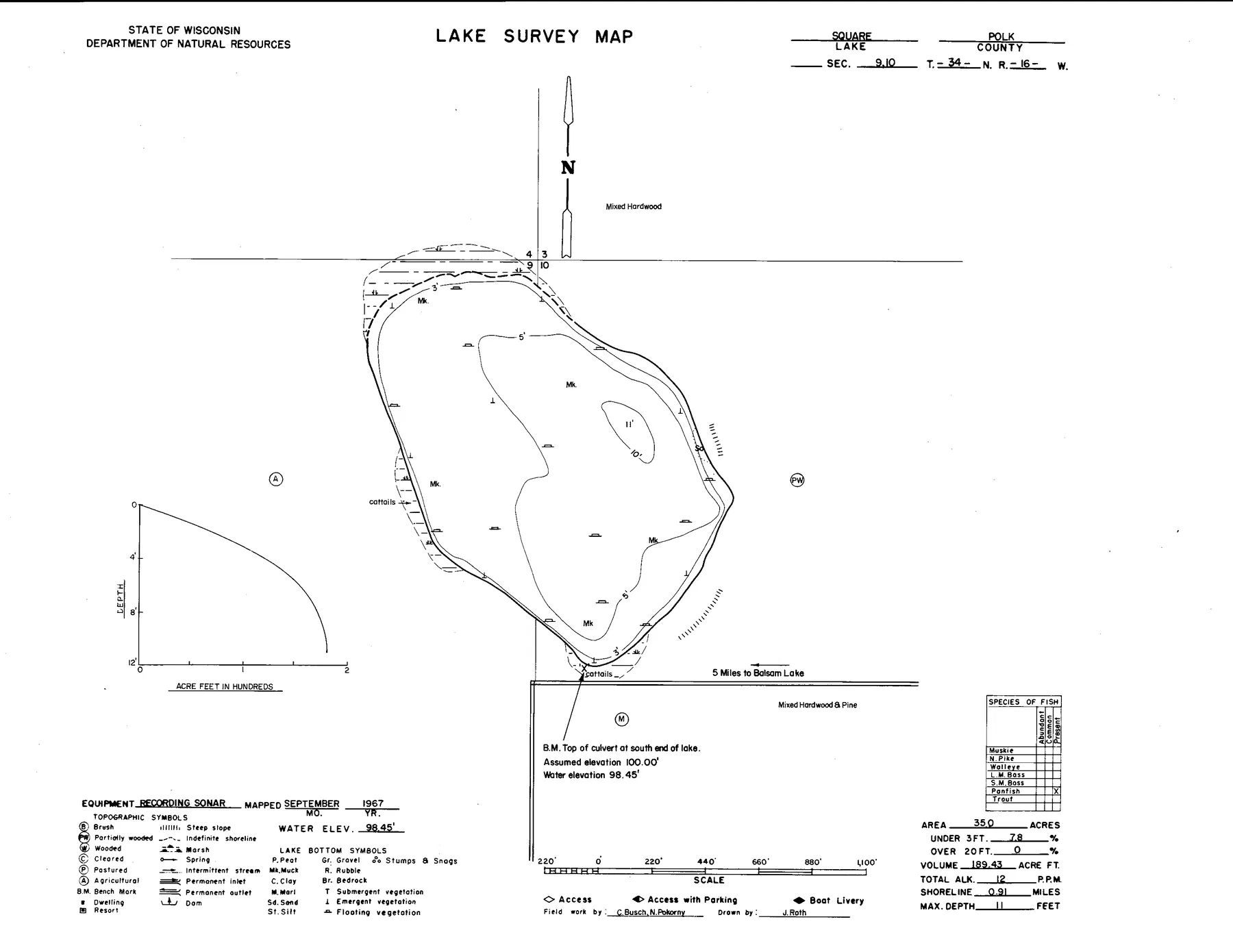 Square Lake historical Wisconsin DNR depth map sheet 1