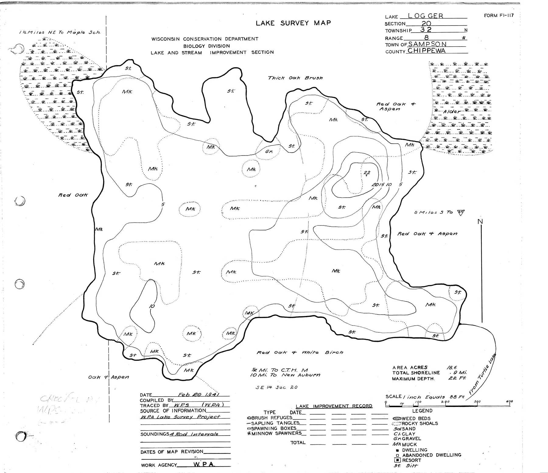 Logger Lake historical Wisconsin DNR depth map sheet 1