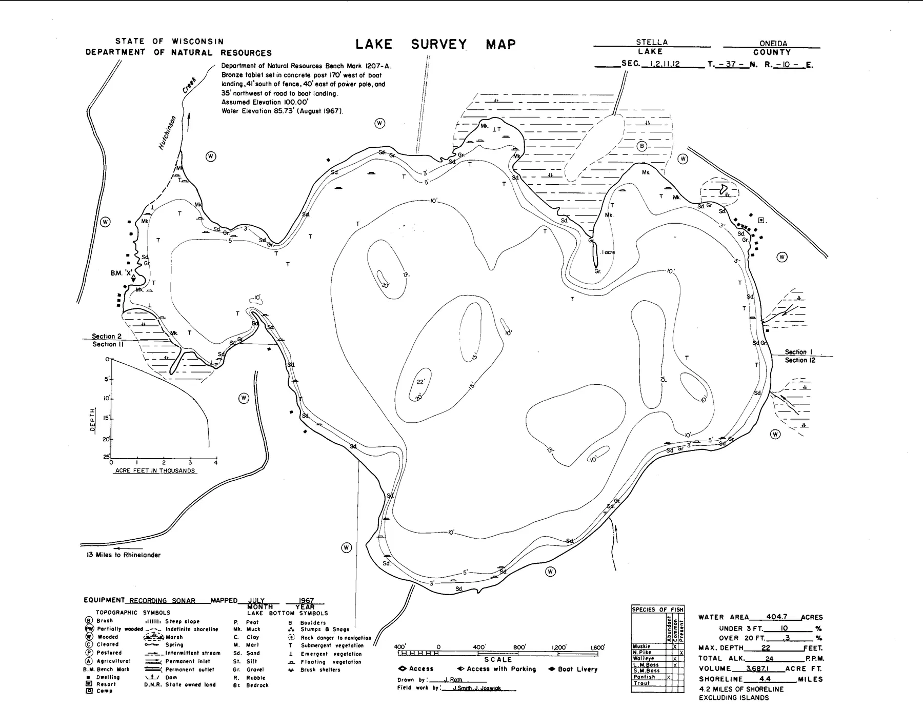 Stella Lake historical Wisconsin DNR depth map sheet 1