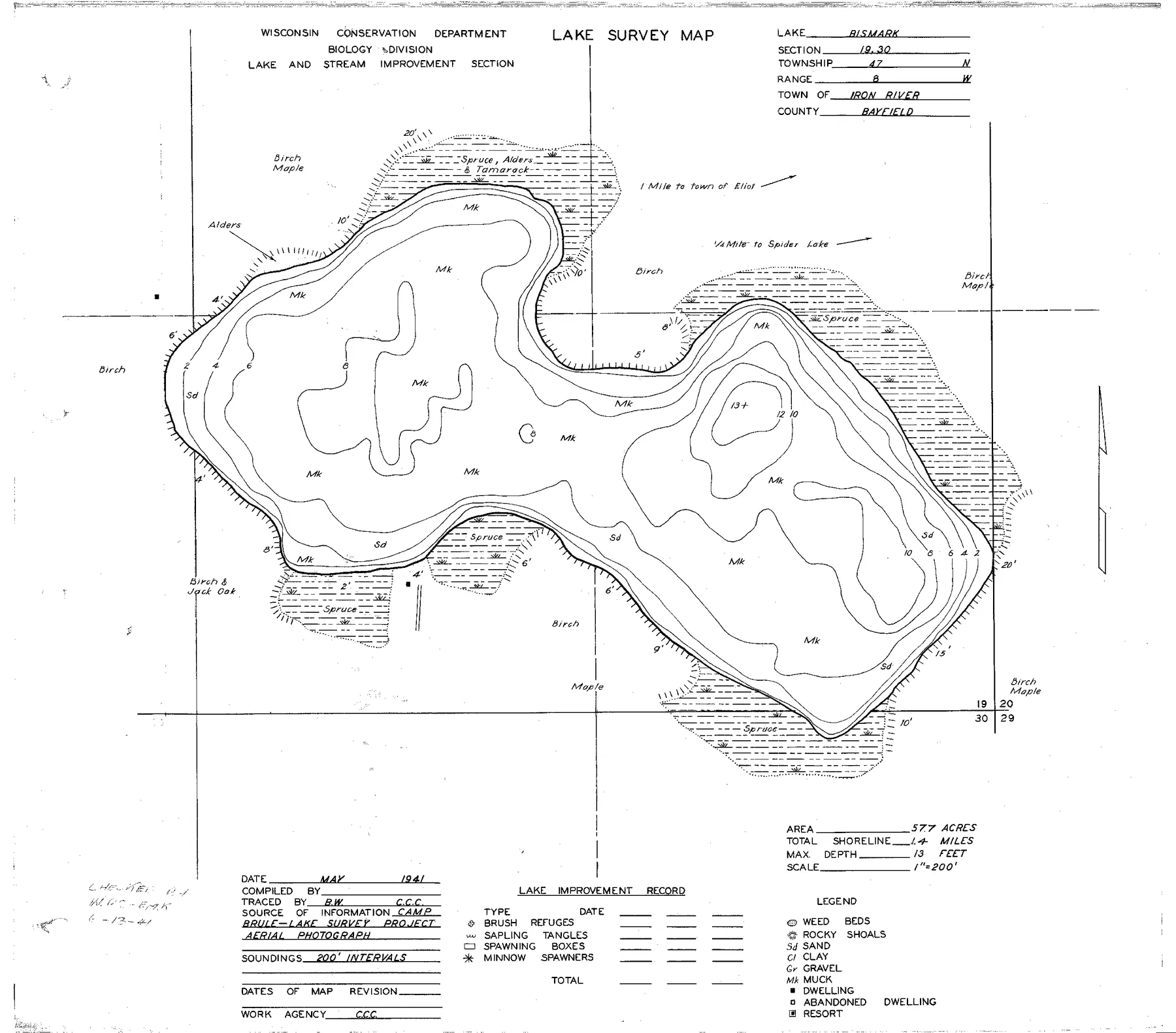 Bismarck Lake historical Wisconsin DNR depth map sheet 1