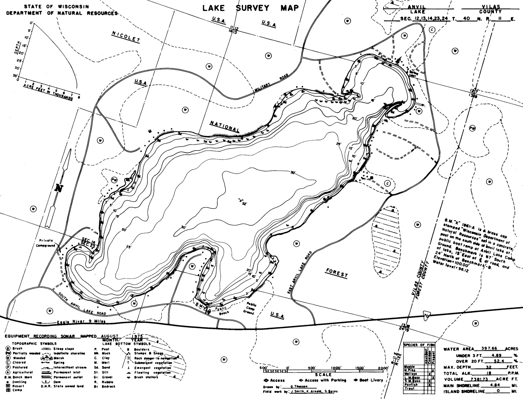 Anvil Lake historical Wisconsin DNR depth map sheet 1
