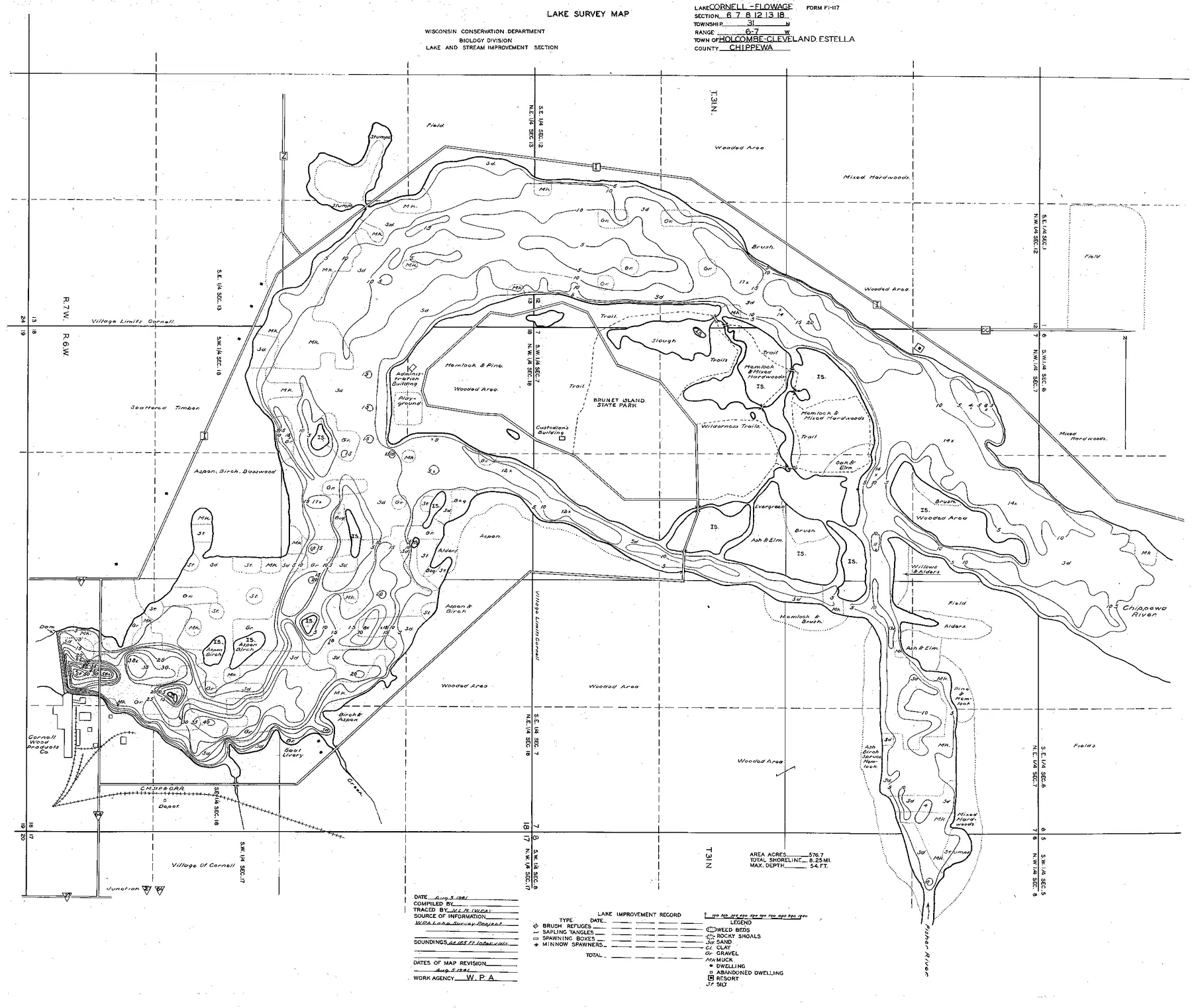 Cornell Flowage historical Wisconsin DNR depth map sheet 1