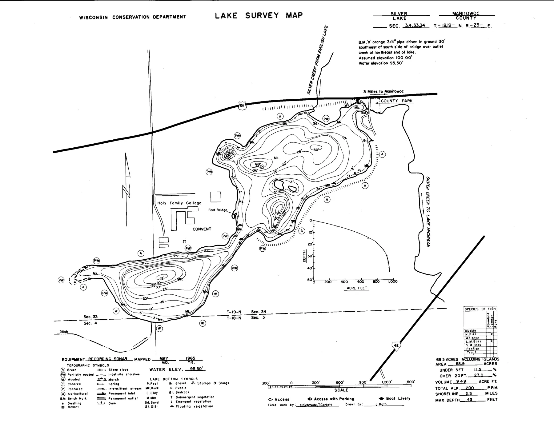 Silver Lake historical Wisconsin DNR depth map sheet 1