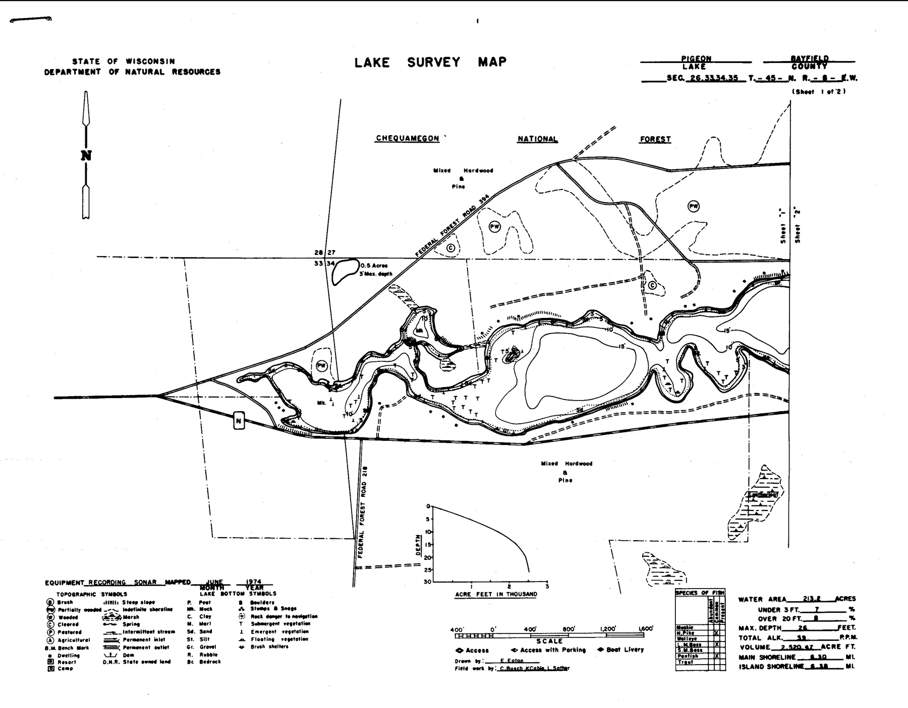 Pigeon Lake historical Wisconsin DNR depth map sheet 1